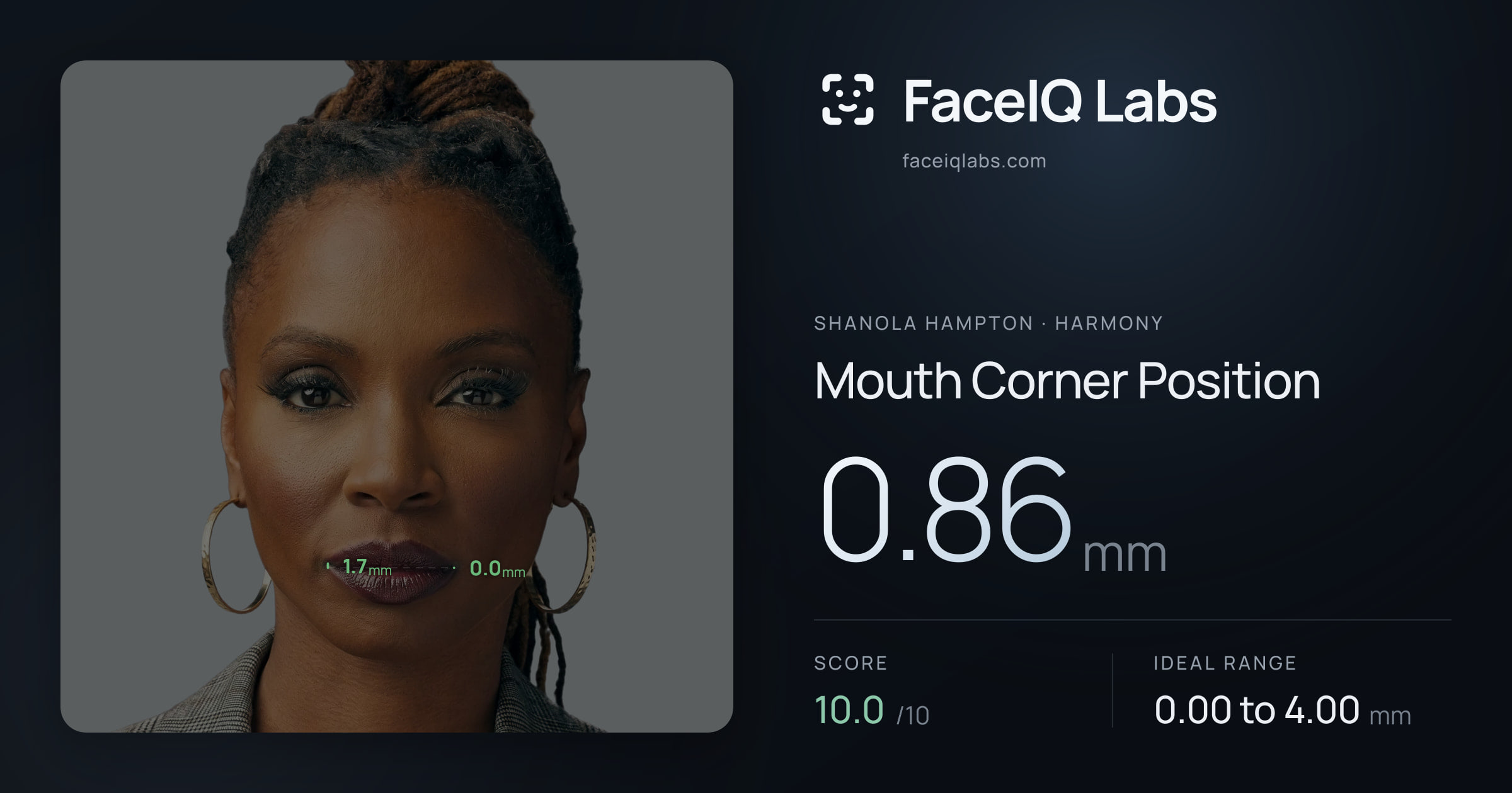 Shanola Hampton Mouth Corner Position: 0.86mm, drawn on the photo