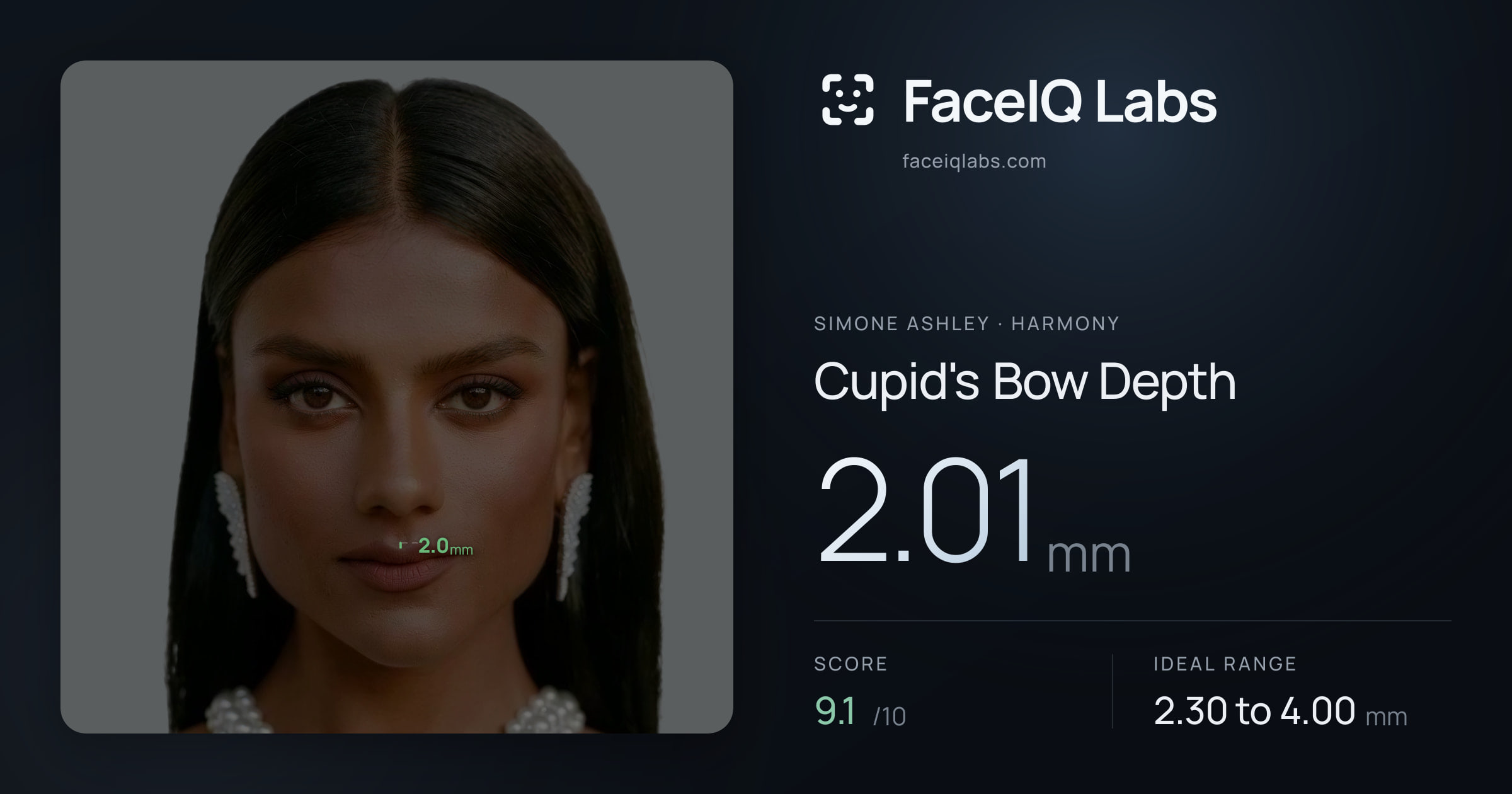 Simone Ashley Cupid's Bow Depth: 2.01mm, drawn on the photo