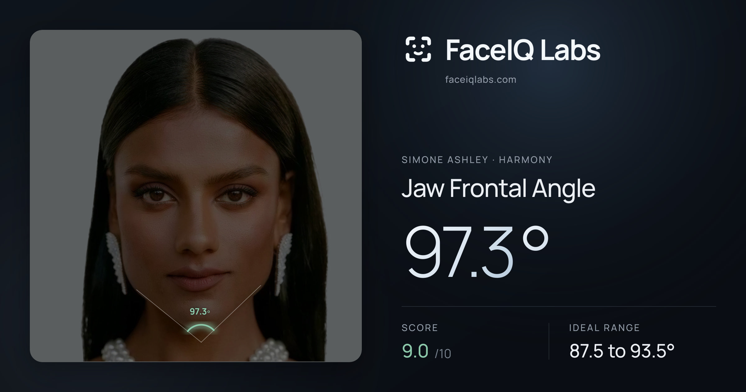 Simone Ashley Jaw Frontal Angle: 97.3°, drawn on the photo