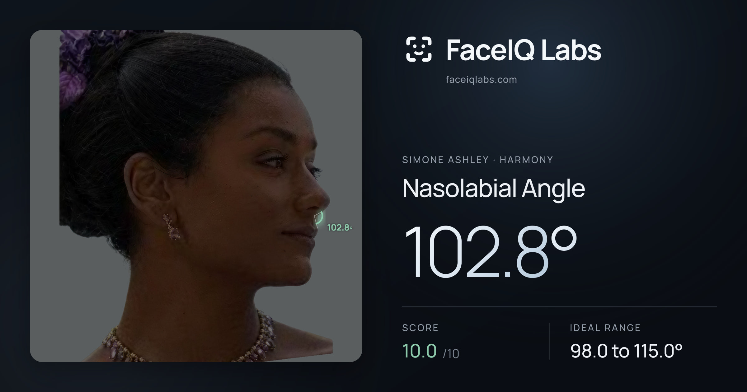 Simone Ashley Nasolabial Angle: 102.8°, drawn on the photo