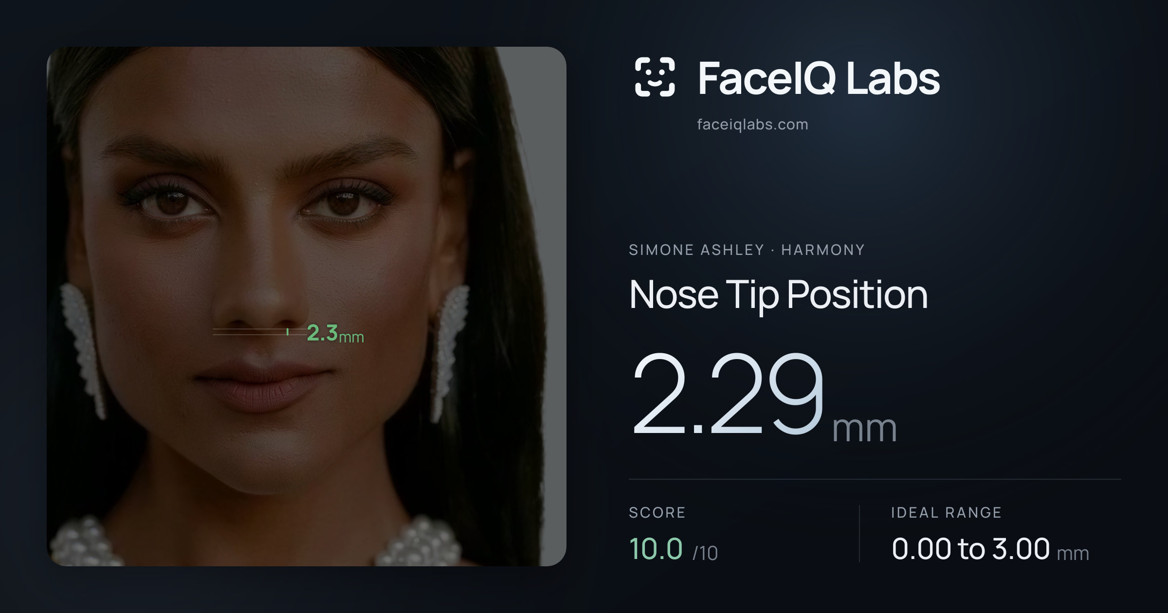 Simone Ashley Nose Tip Position: 2.29mm, drawn on the photo