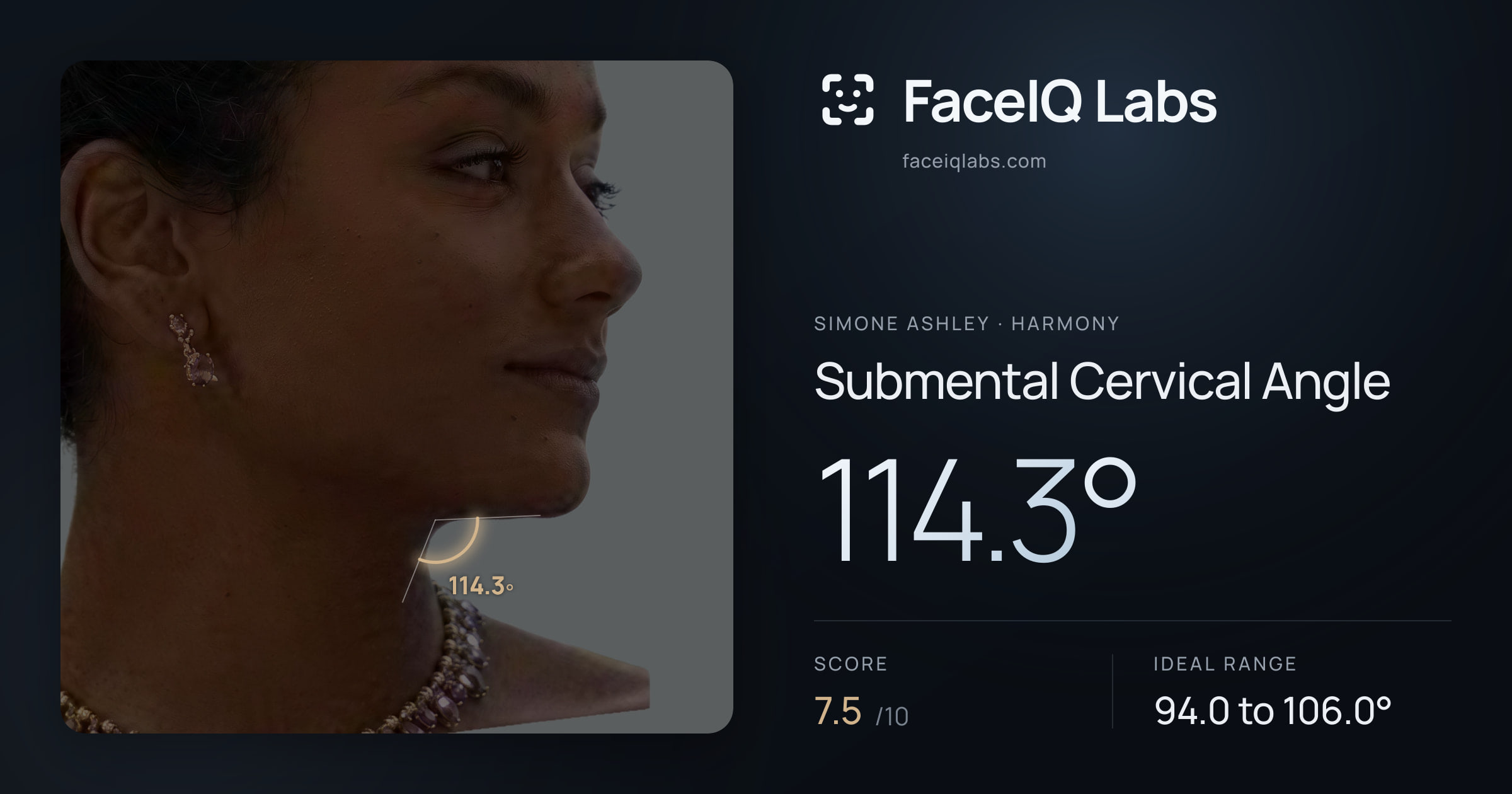 Simone Ashley Submental Cervical Angle: 114.3°, drawn on the photo