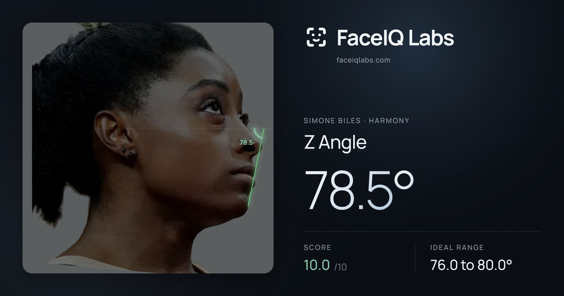 Simone Biles Z Angle: 78.5°, drawn on the photo