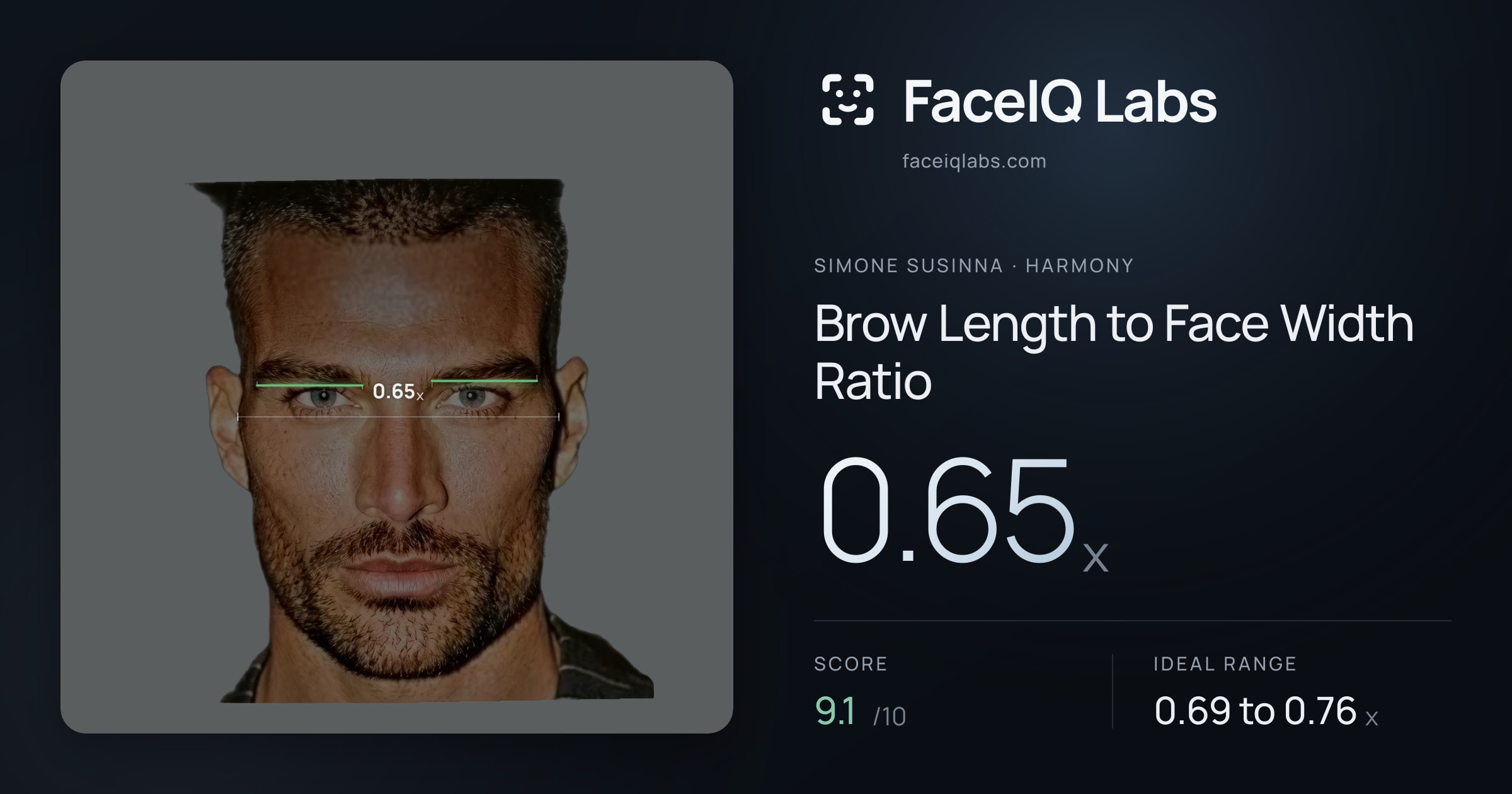 Simone Susinna Brow Length to Face Width Ratio: 0.65x, drawn on the photo