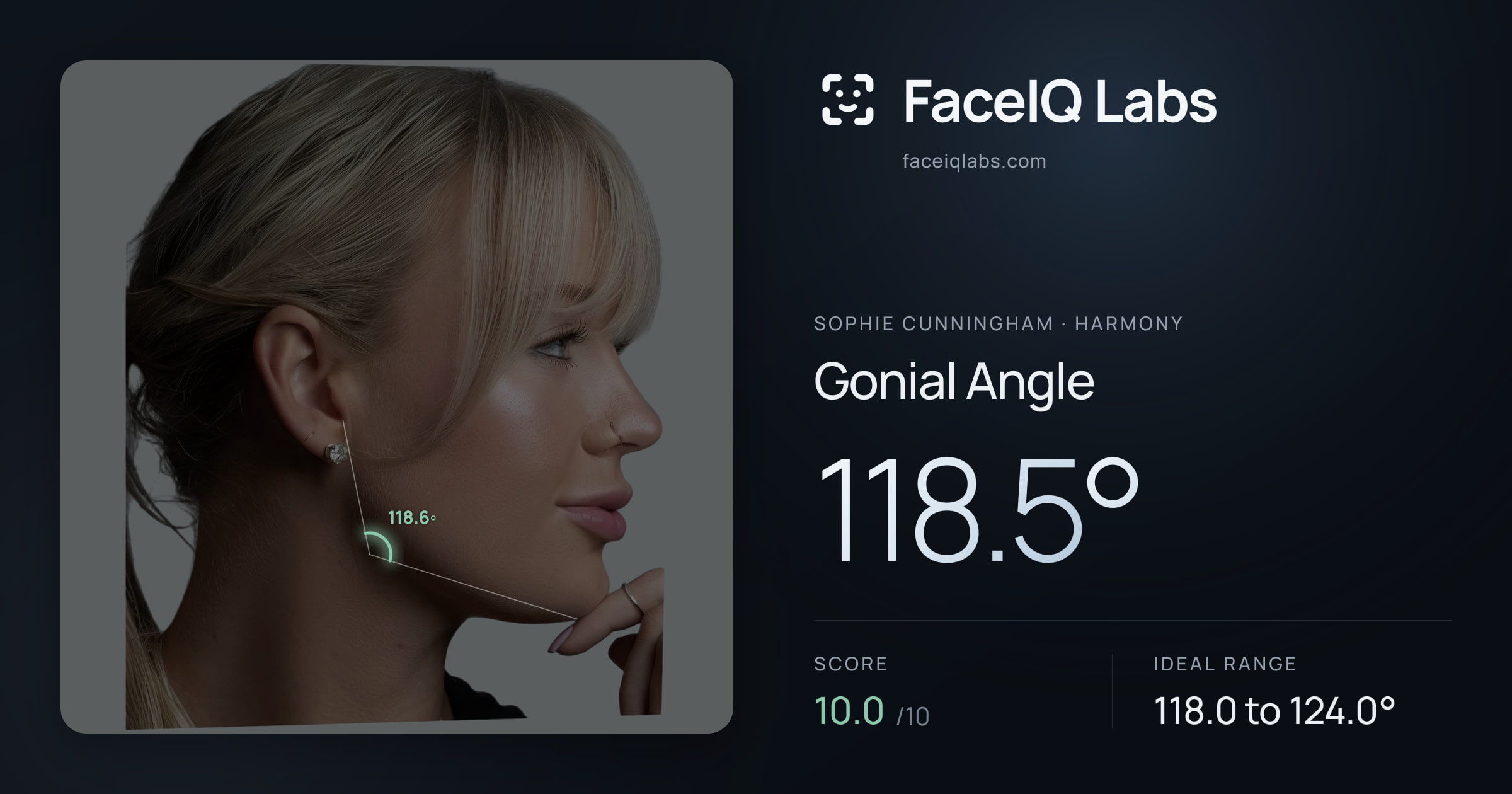 Sophie Cunningham Gonial Angle: 118.5°, drawn on the photo