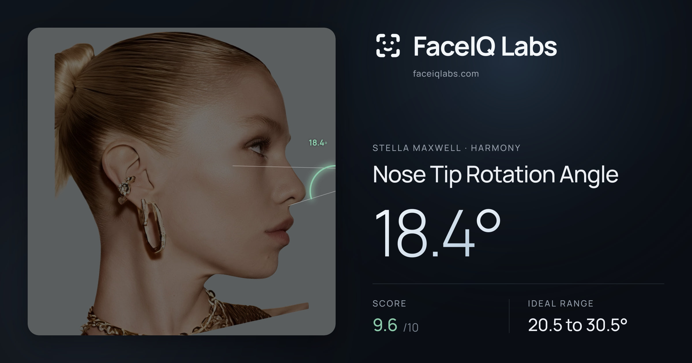 Stella Maxwell Nose Tip Rotation Angle: 18.4°, drawn on the photo