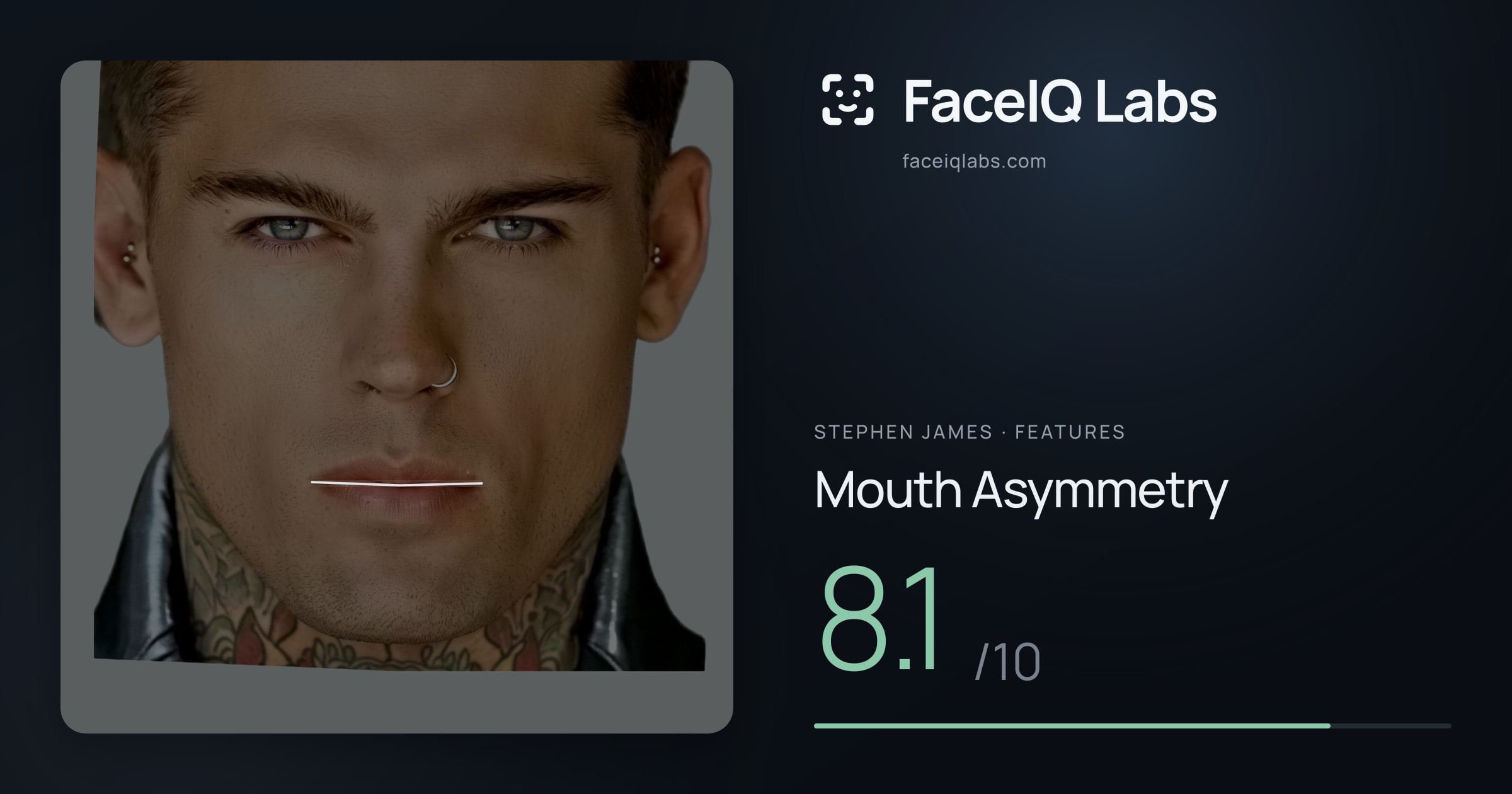 Stephen James Mouth Asymmetry: 8.1/10, drawn on the photo