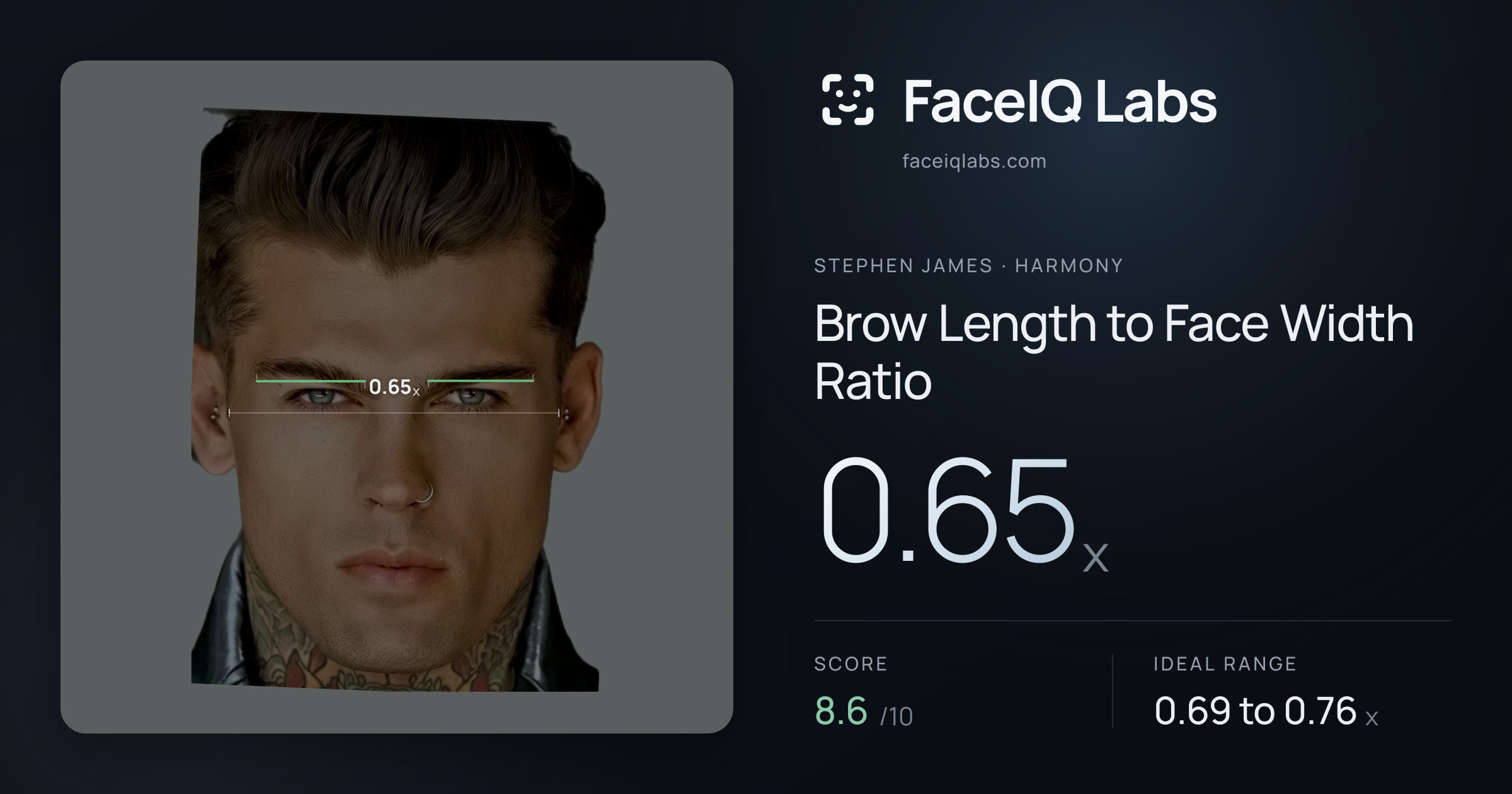 Stephen James Brow Length to Face Width Ratio: 0.65x, drawn on the photo