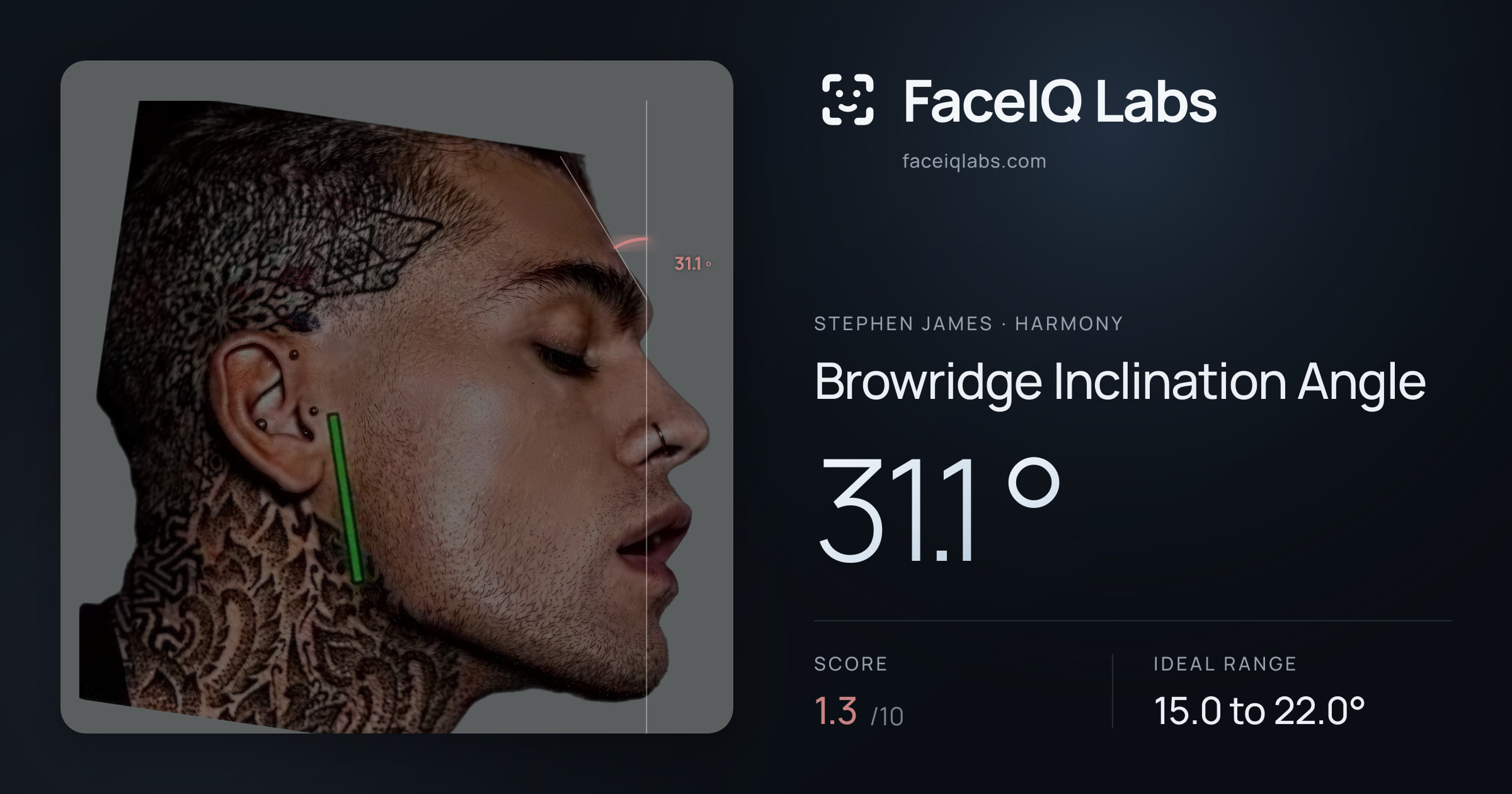 Stephen James Browridge Inclination Angle: 31.1°, drawn on the photo