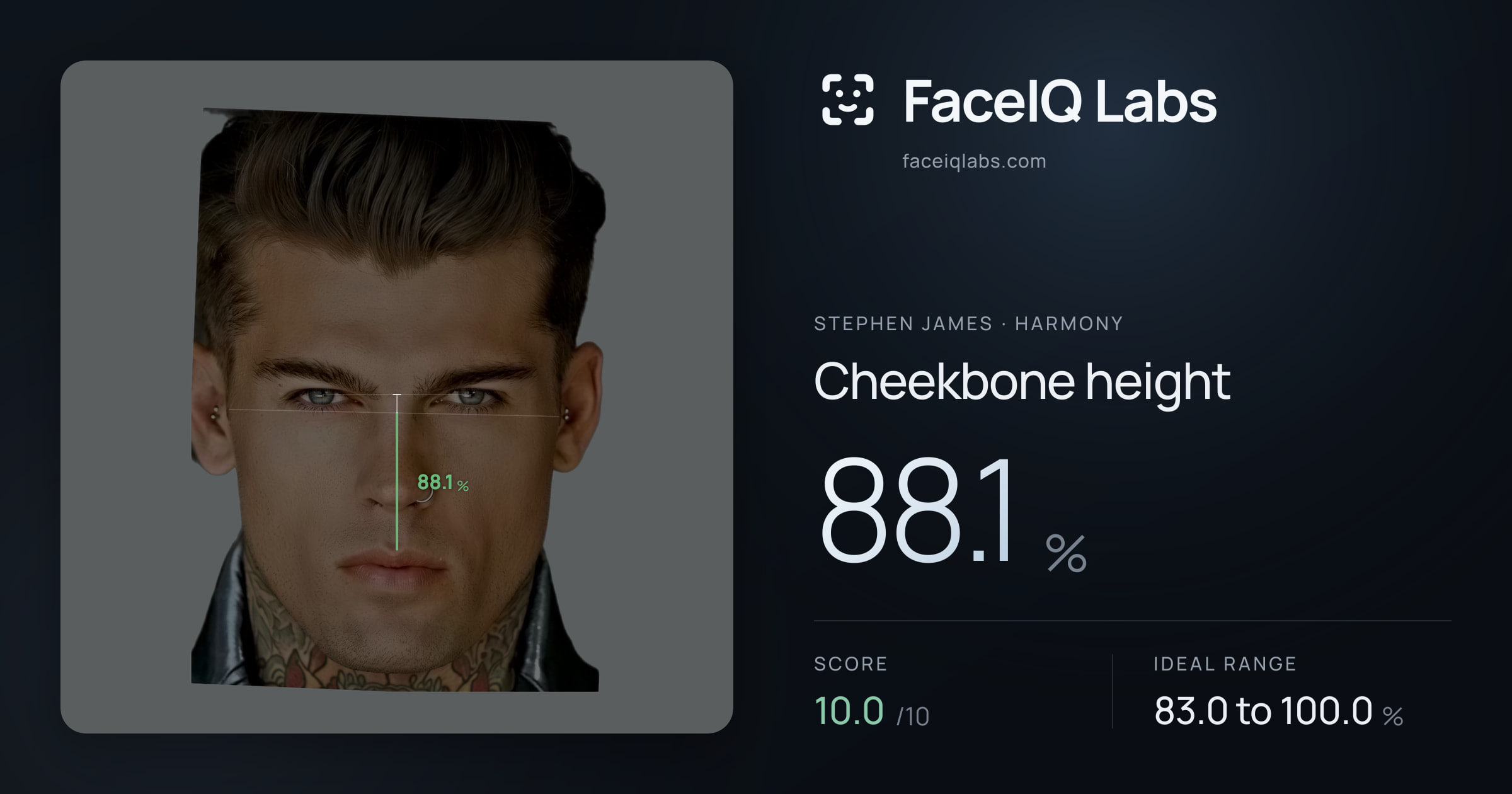 Stephen James Cheekbone height: 88.1%, drawn on the photo