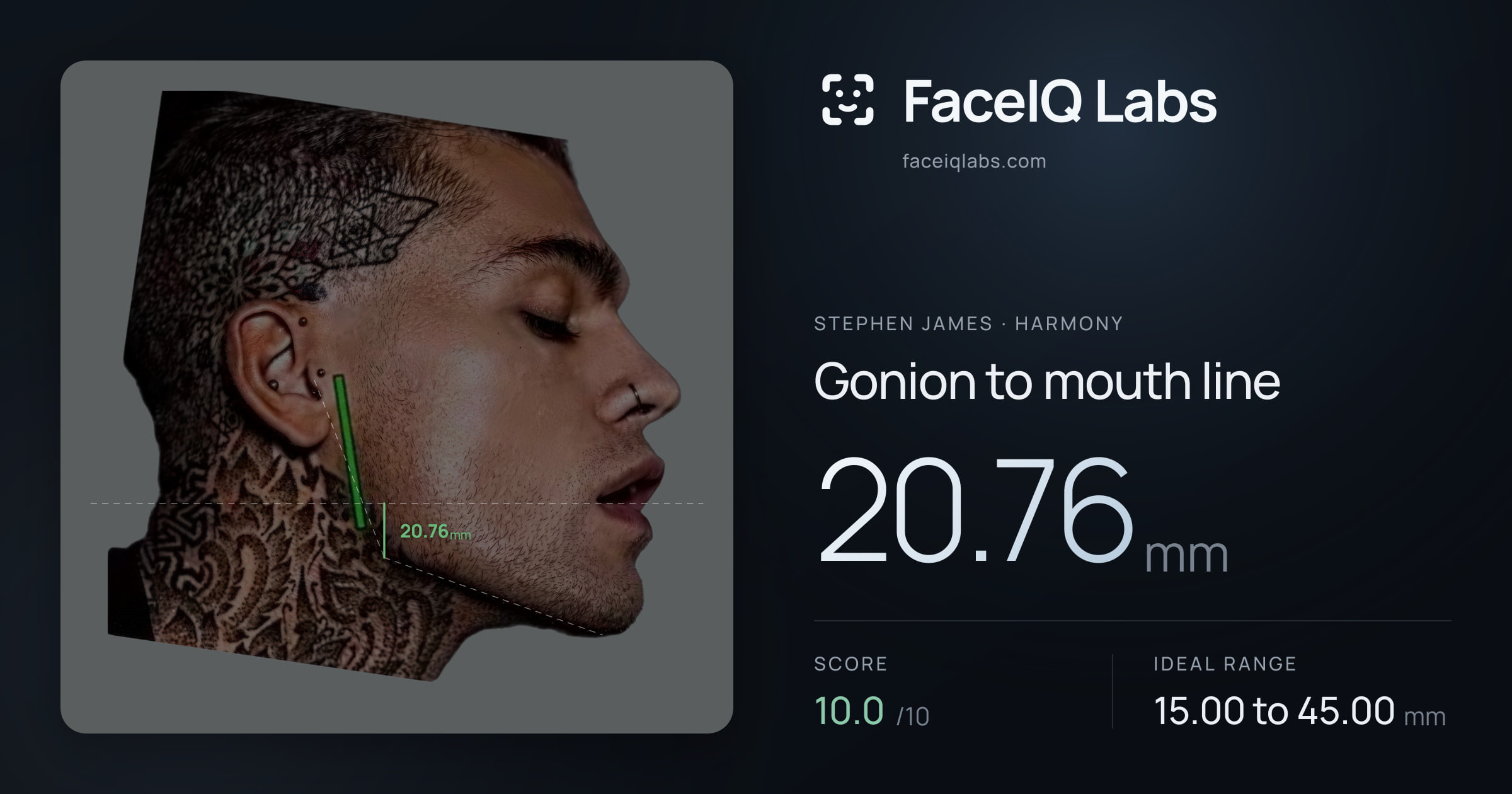 Stephen James Gonion to mouth line: 20.76mm, drawn on the photo