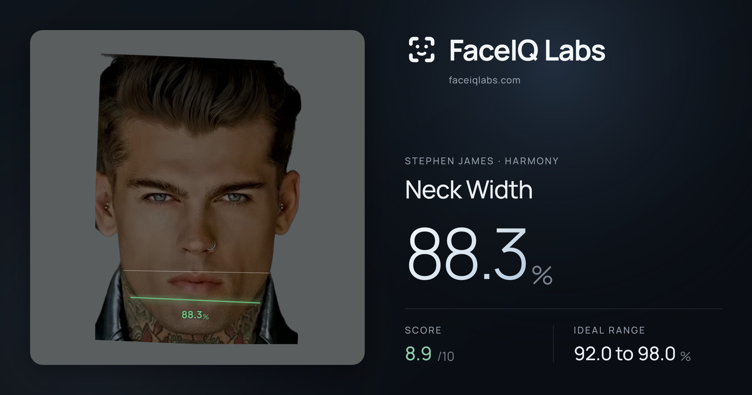 Stephen James Neck Width: 88.3%, drawn on the photo