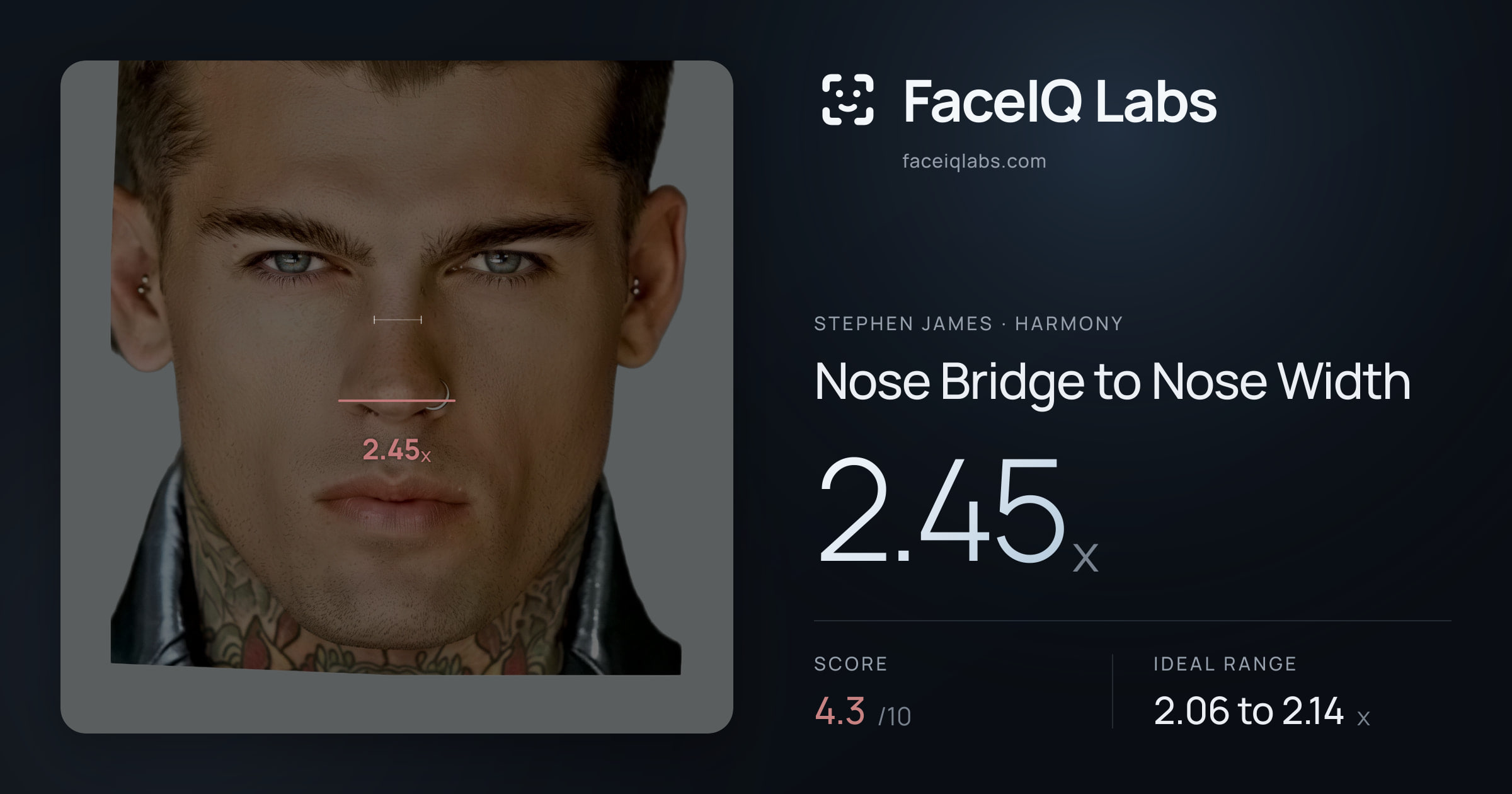 Stephen James Nose Bridge to Nose Width: 2.45x, drawn on the photo