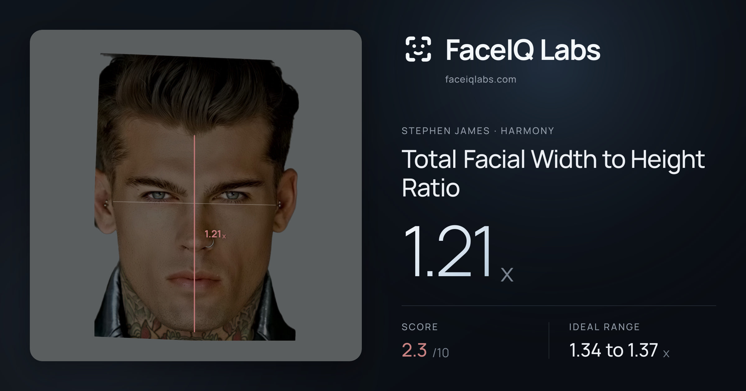 Stephen James Total Facial Width to Height Ratio: 1.21x, drawn on the photo