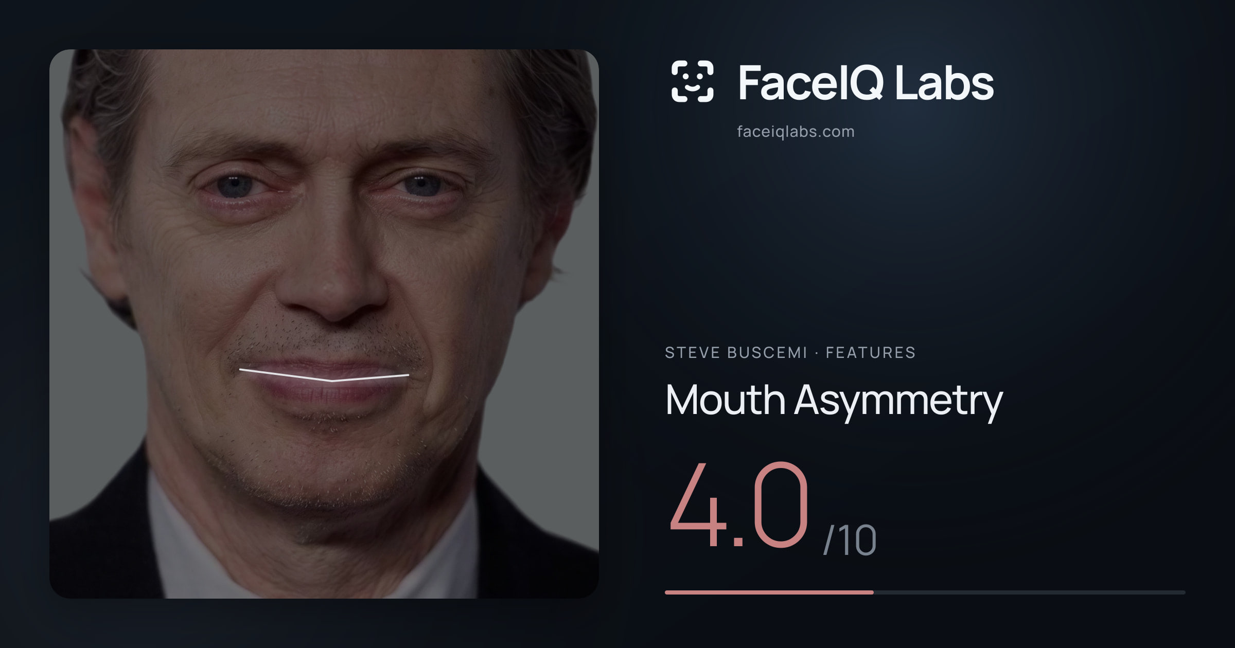 Steve Buscemi Mouth Asymmetry: 4.0/10, drawn on the photo