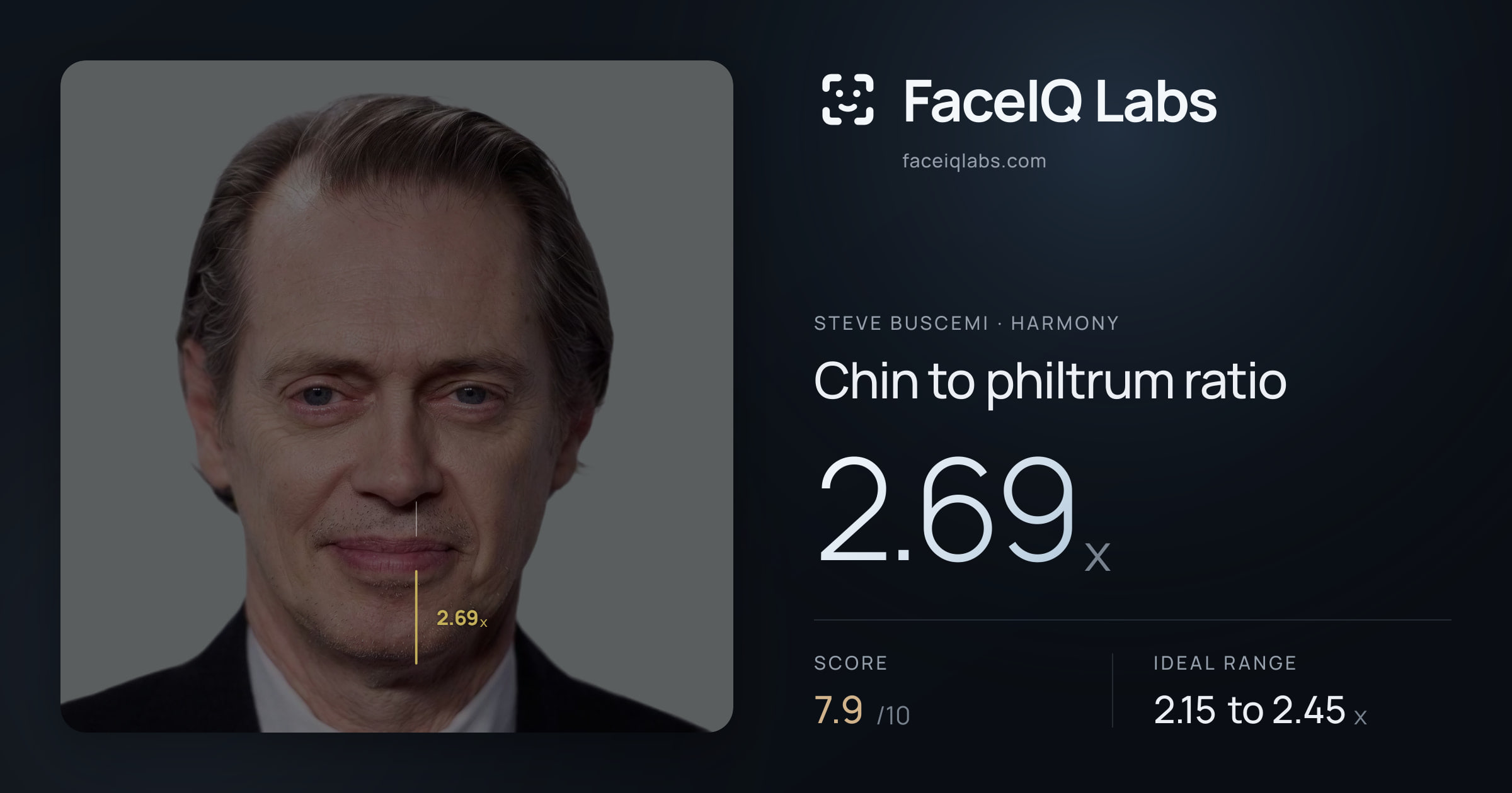 Steve Buscemi Chin to philtrum ratio: 2.69x, drawn on the photo