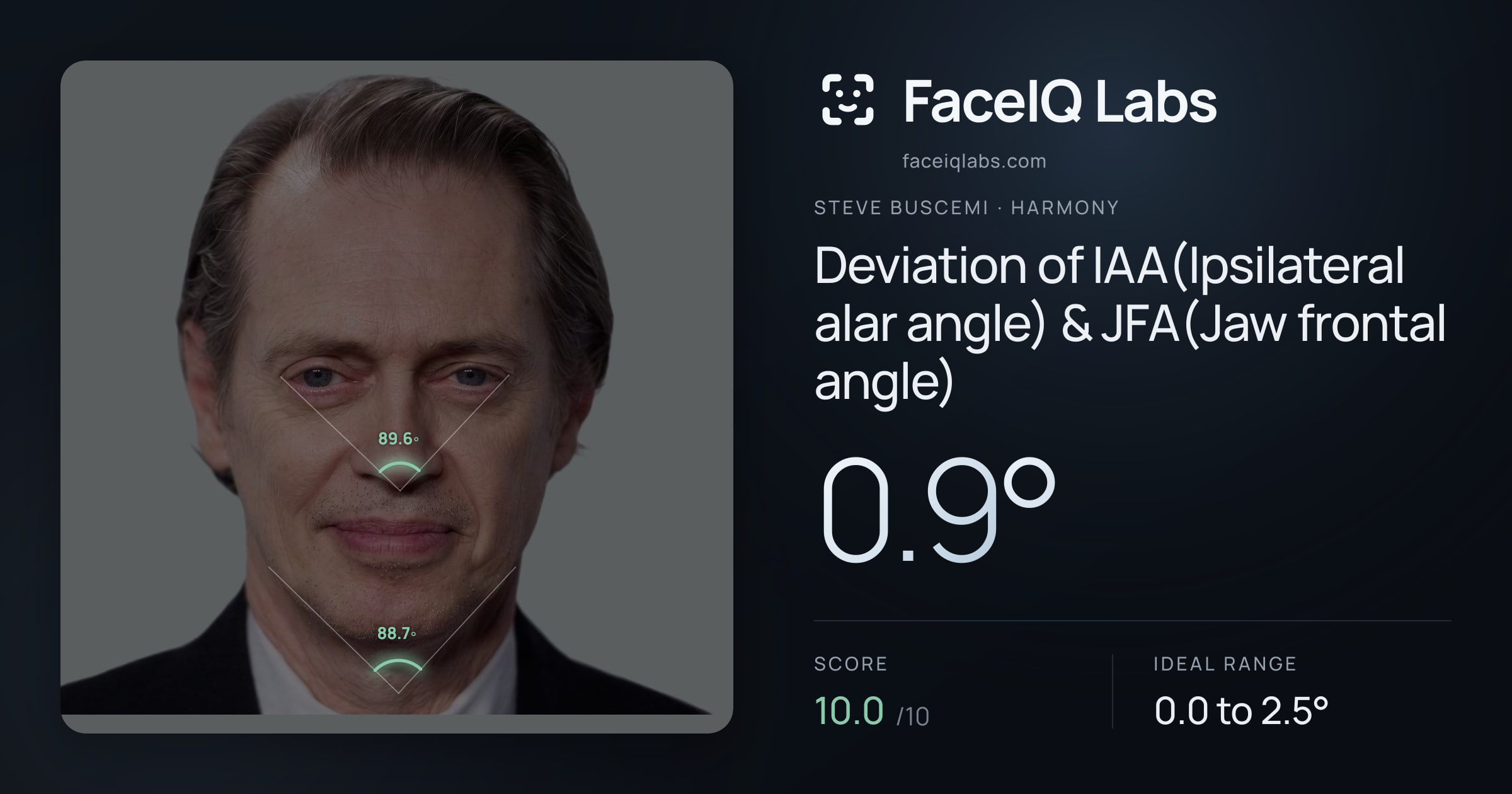 Steve Buscemi Deviation of IAA(Ipsilateral alar angle) & JFA(Jaw frontal angle): 0.9°, drawn on the photo