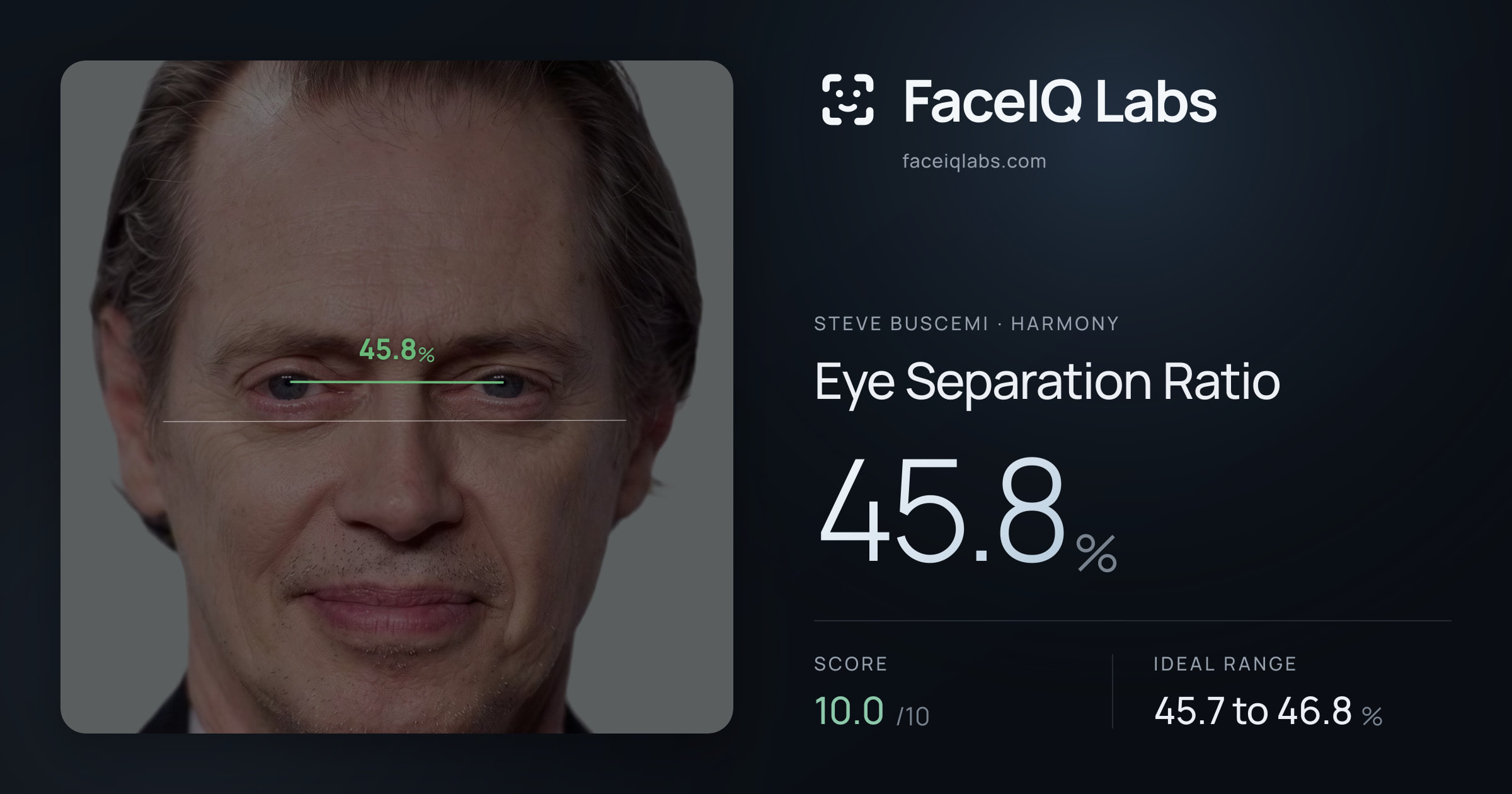 Steve Buscemi Eye Separation Ratio: 45.8%, drawn on the photo