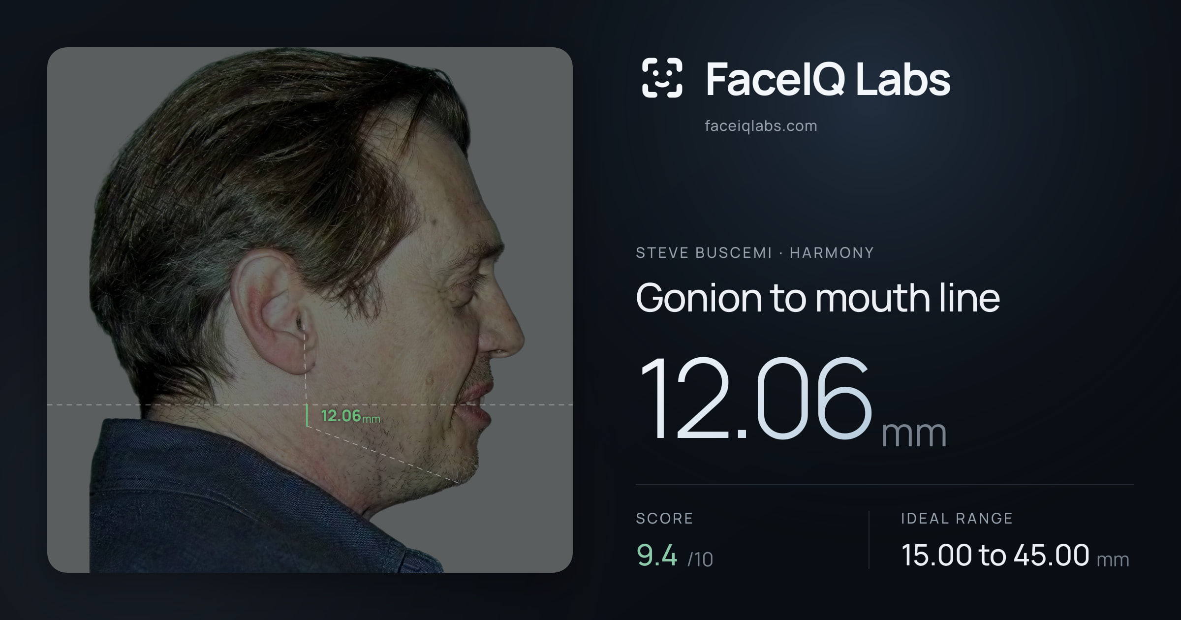 Steve Buscemi Gonion to mouth line: 12.06mm, drawn on the photo