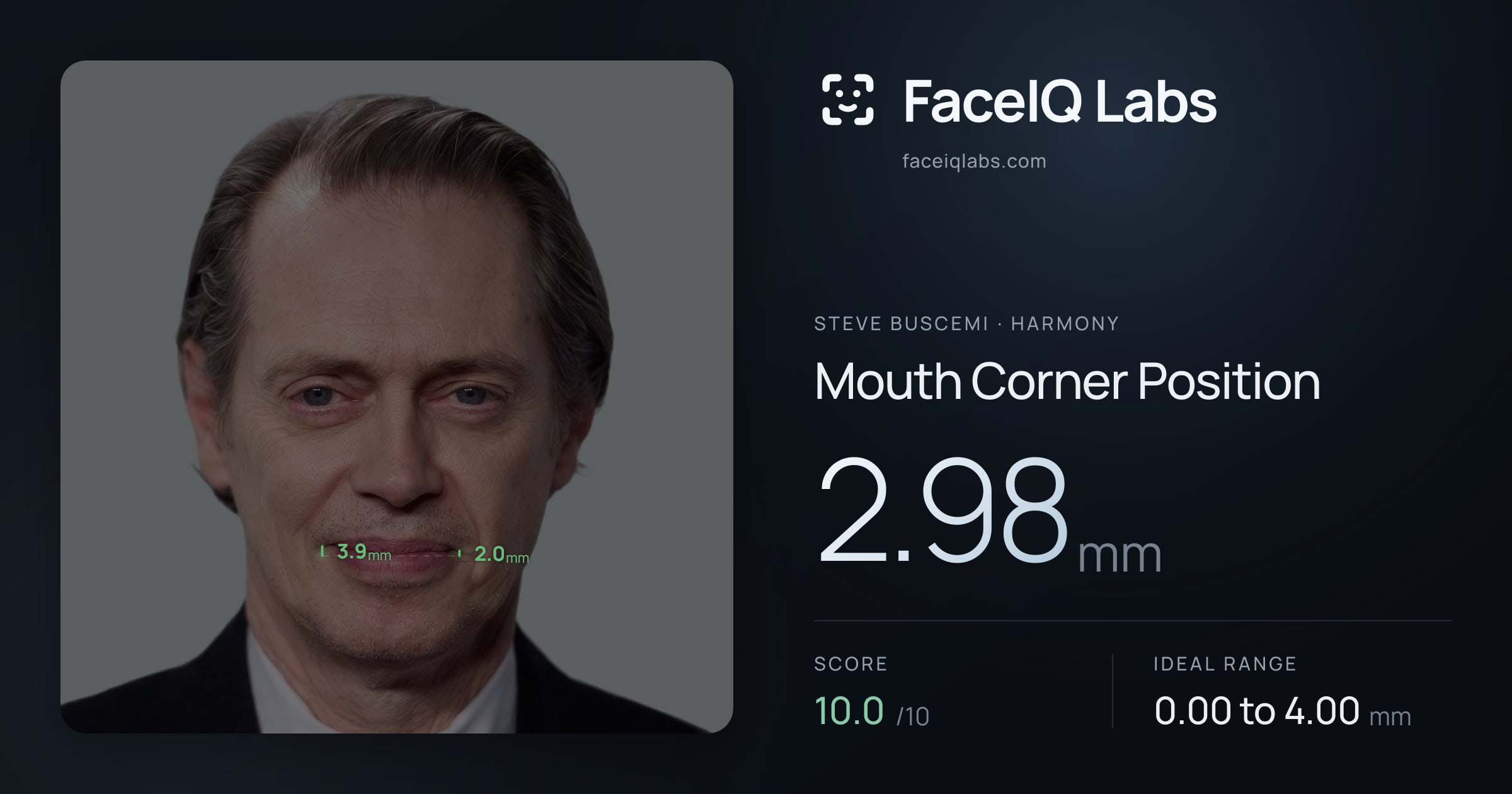 Steve Buscemi Mouth Corner Position: 2.98mm, drawn on the photo