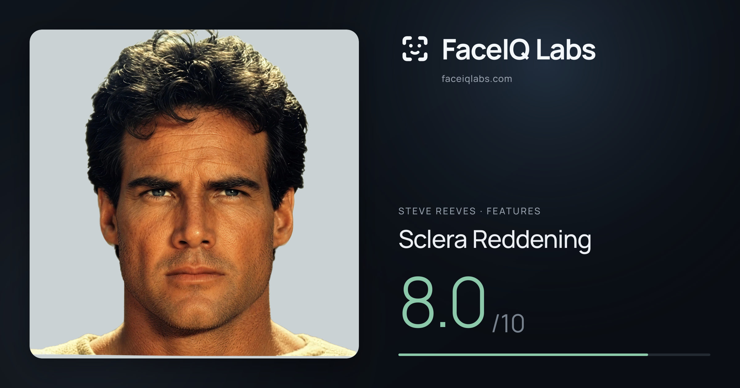 Steve Reeves Sclera Reddening: 8.0/10, drawn on the photo