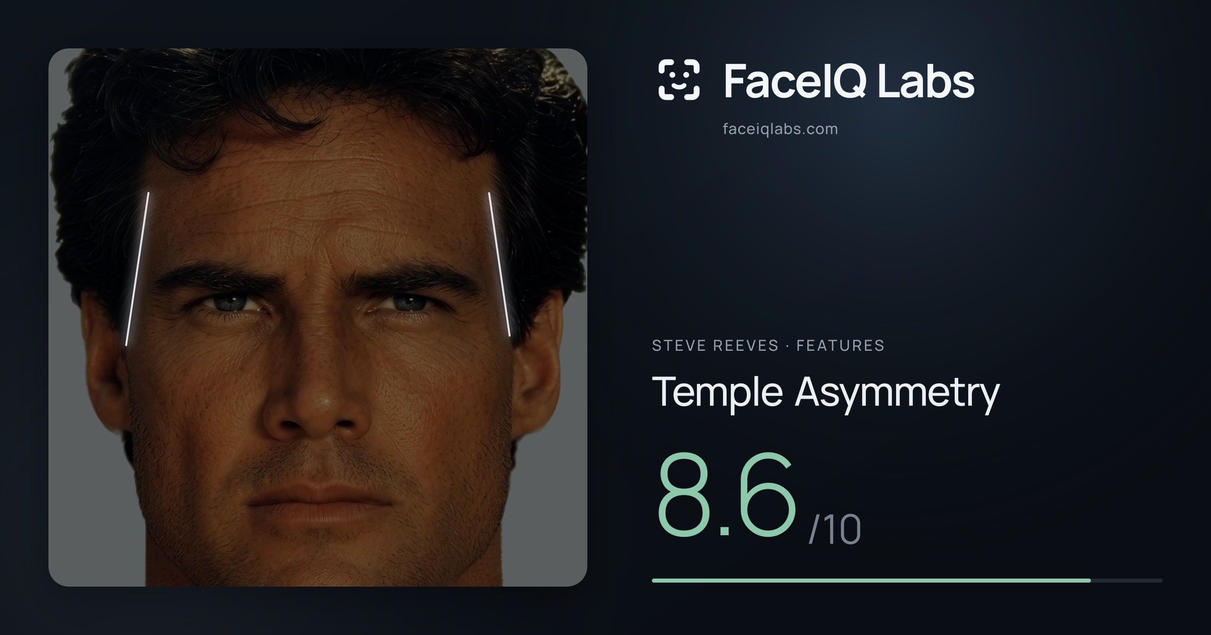 Steve Reeves Temple Asymmetry: 8.6/10, drawn on the photo