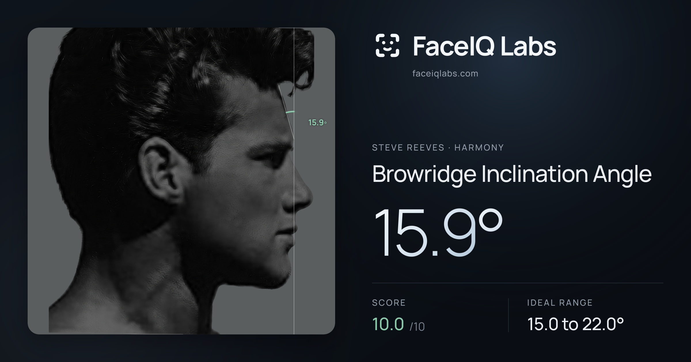 Steve Reeves Browridge Inclination Angle: 15.9°, drawn on the photo
