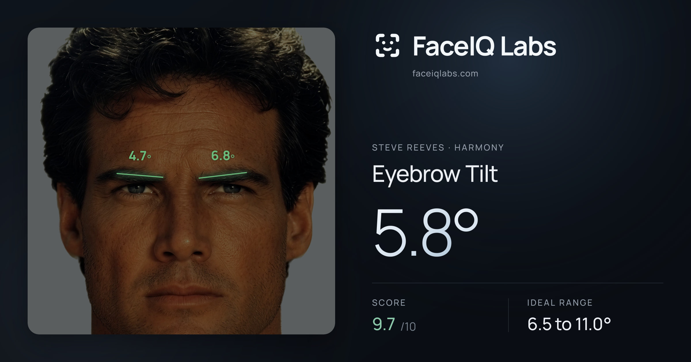 Steve Reeves Eyebrow Tilt: 5.8°, drawn on the photo
