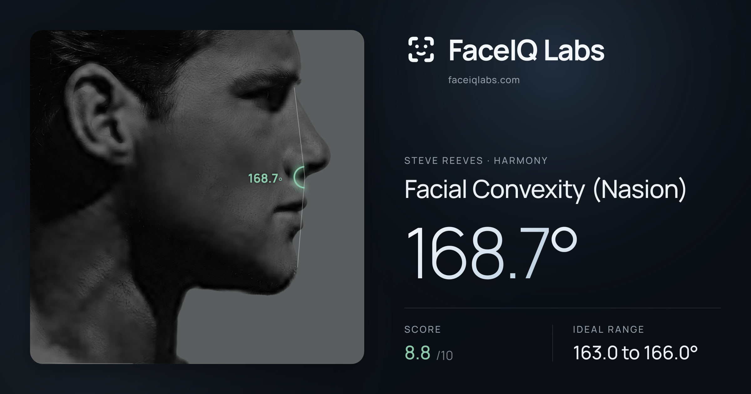 Steve Reeves Facial Convexity (Nasion): 168.7°, drawn on the photo