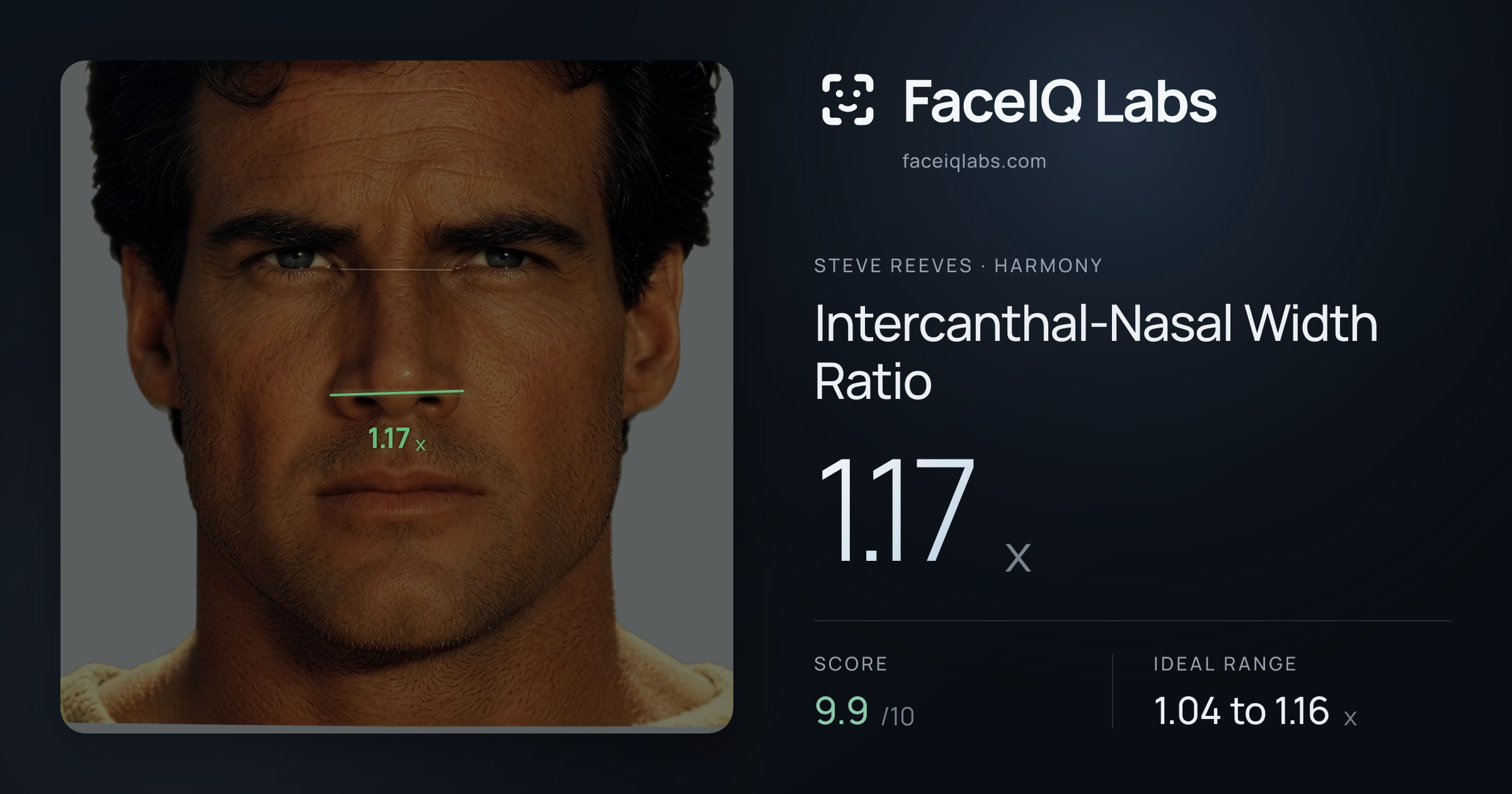Steve Reeves Intercanthal-Nasal Width Ratio: 1.17x, drawn on the photo