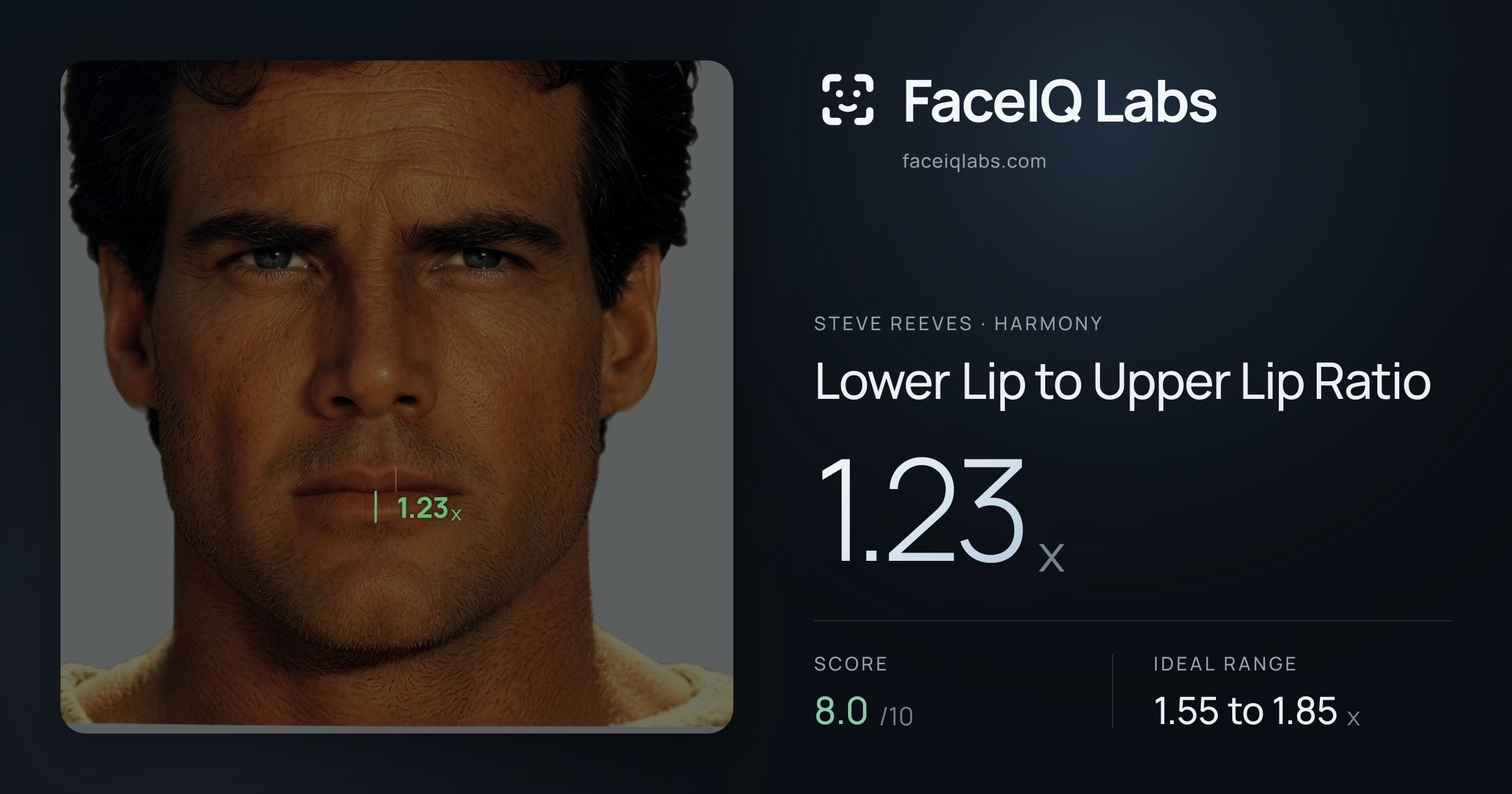Steve Reeves Lower Lip to Upper Lip Ratio: 1.23x, drawn on the photo