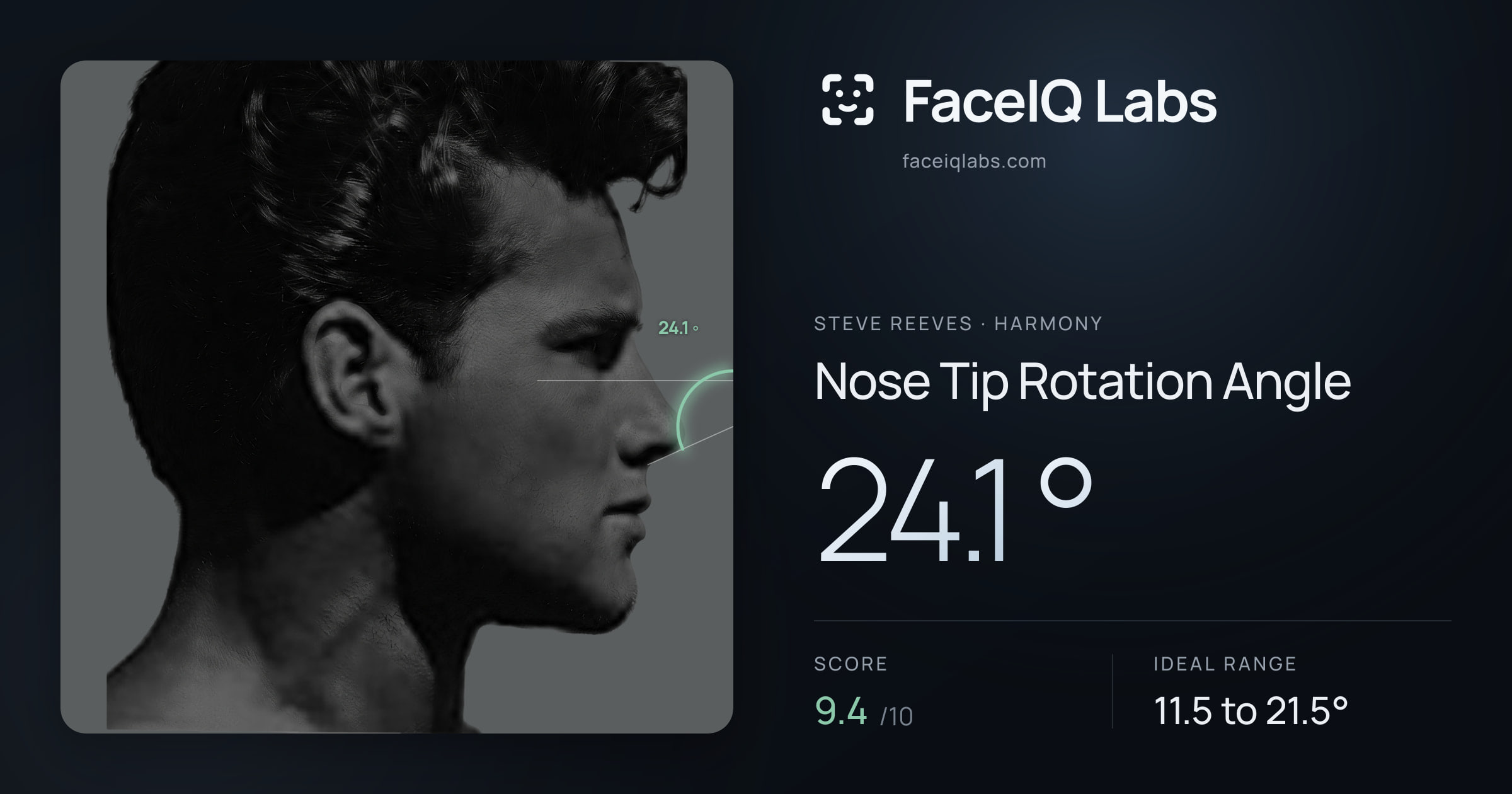 Steve Reeves Nose Tip Rotation Angle: 24.1°, drawn on the photo