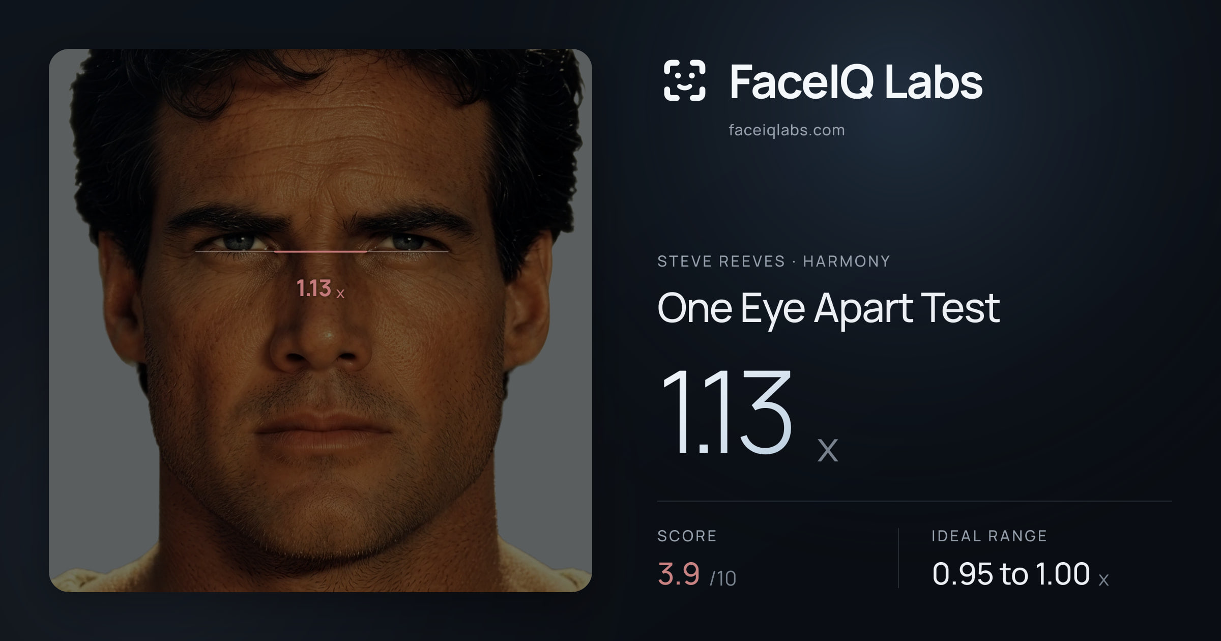 Steve Reeves One Eye Apart Test: 1.13x, drawn on the photo