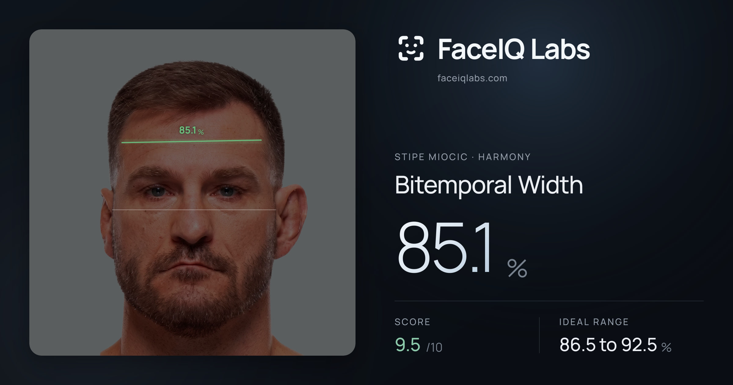 Stipe Miocic Bitemporal Width: 85.1%, drawn on the photo