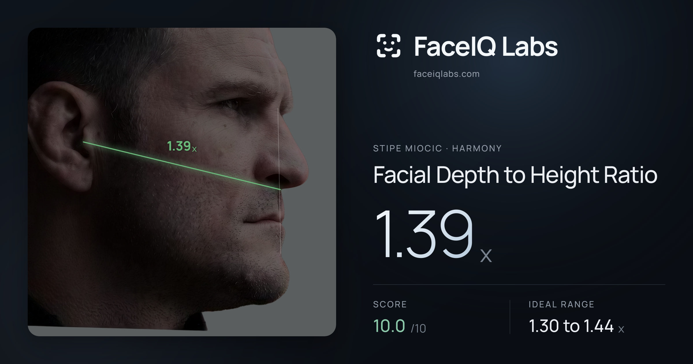 Stipe Miocic Facial Depth to Height Ratio: 1.39x, drawn on the photo