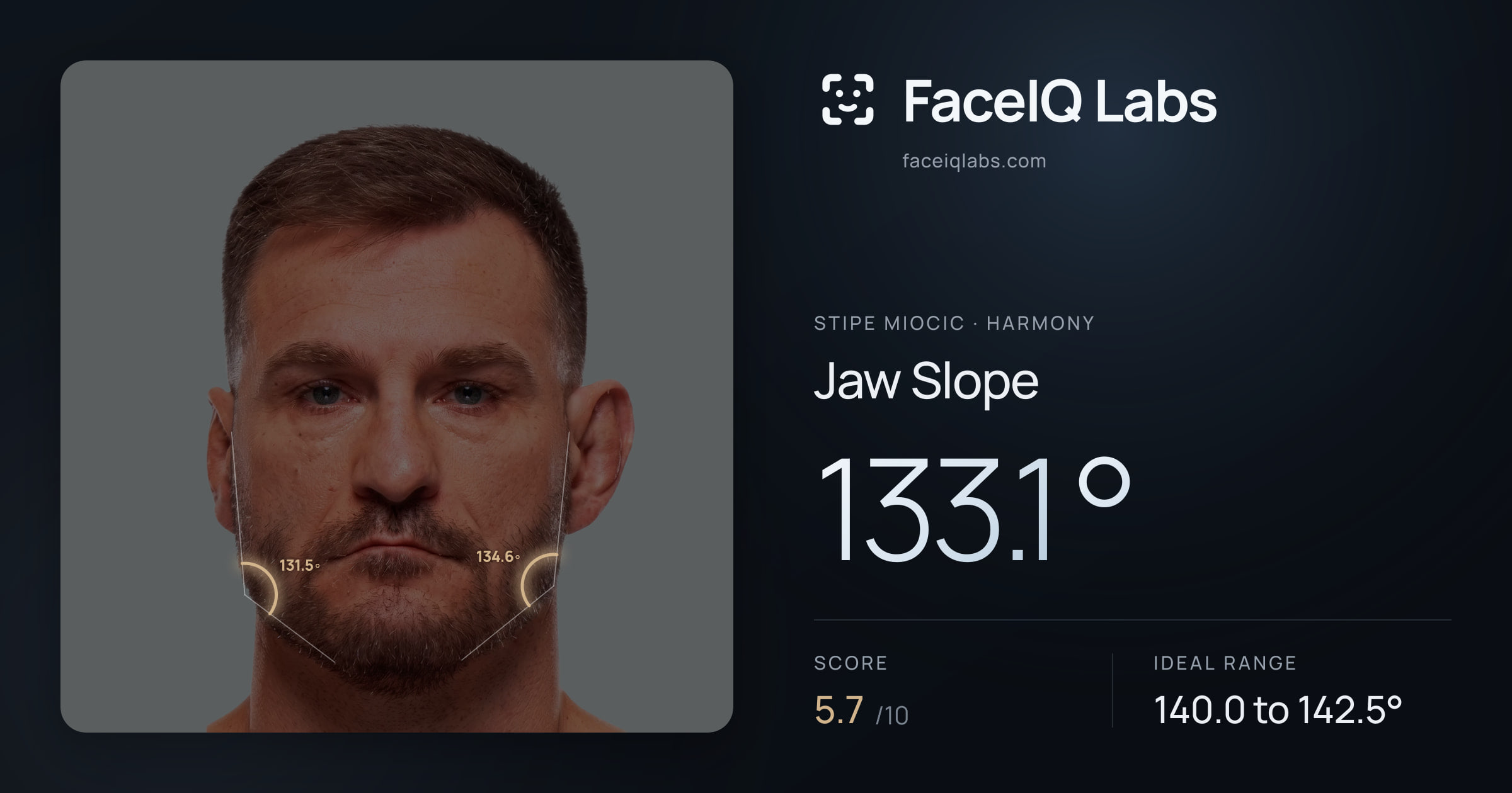 Stipe Miocic Jaw Slope: 133.1°, drawn on the photo