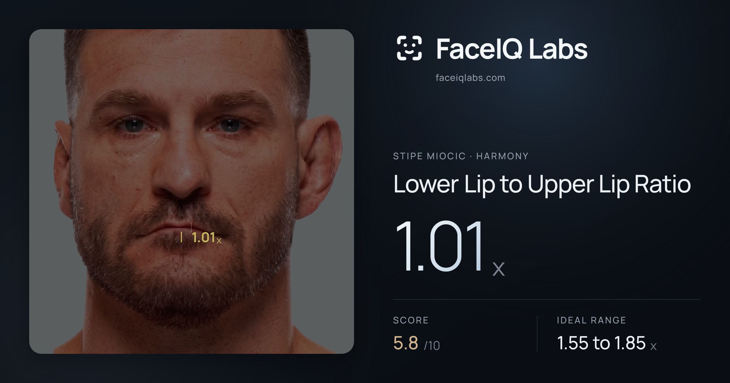 Stipe Miocic Lower Lip to Upper Lip Ratio: 1.01x, drawn on the photo