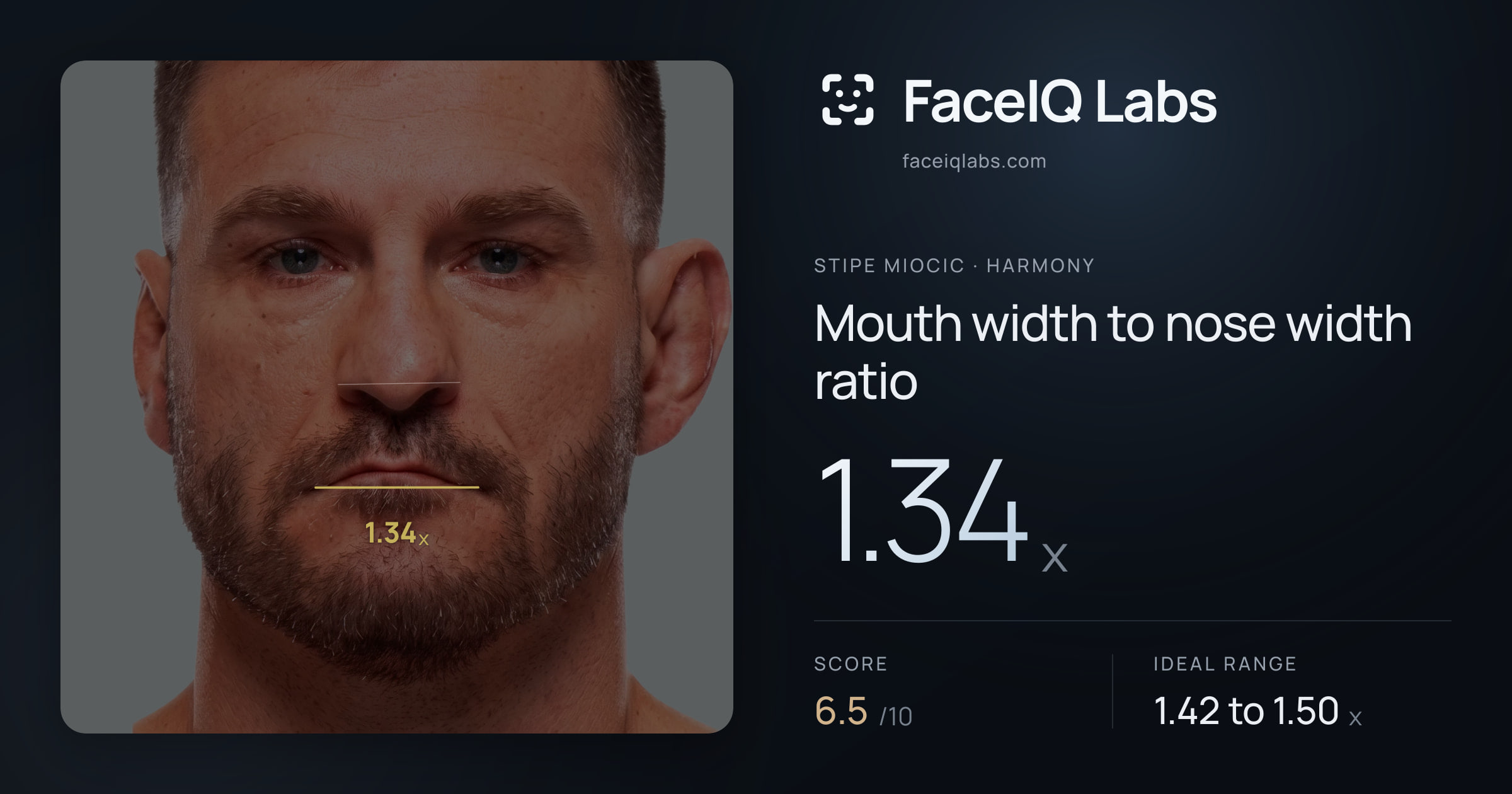 Stipe Miocic Mouth width to nose width ratio: 1.34x, drawn on the photo