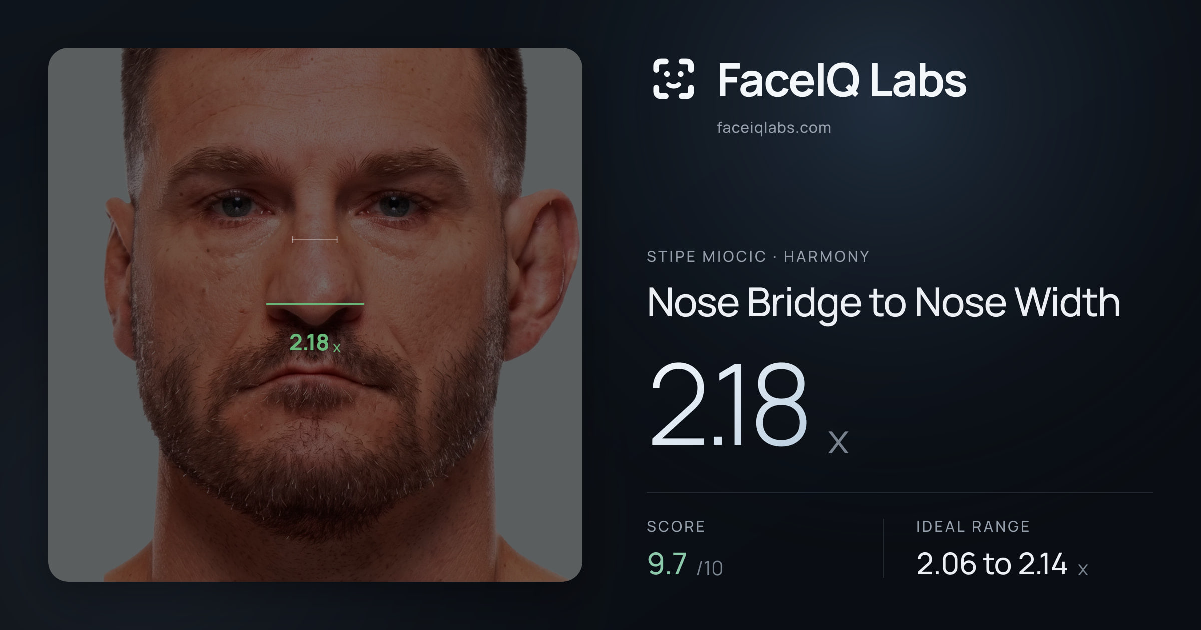 Stipe Miocic Nose Bridge to Nose Width: 2.18x, drawn on the photo