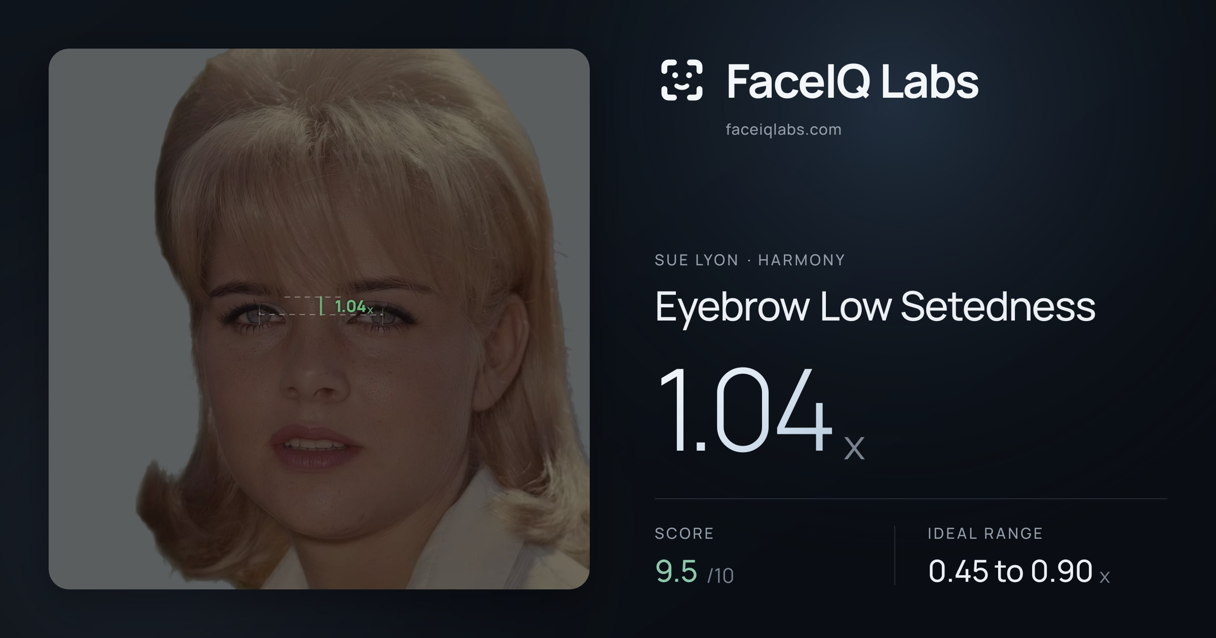 Sue Lyon Eyebrow Low Setedness: 1.04x, drawn on the photo