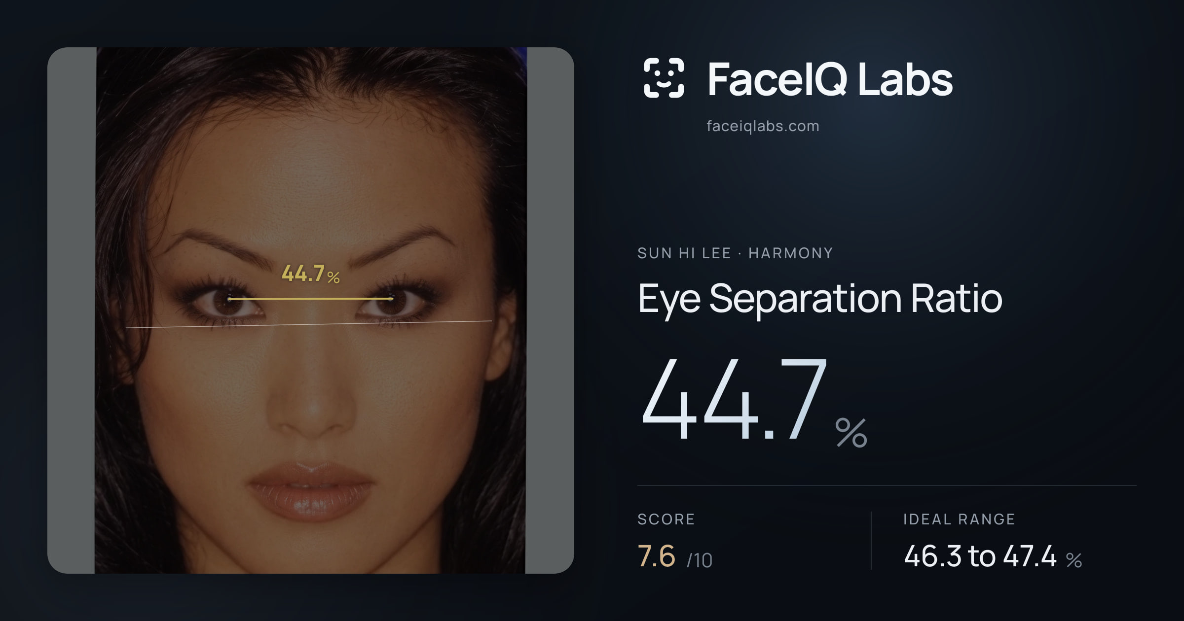 Sun Hi Lee Eye Separation Ratio: 44.7%, drawn on the photo