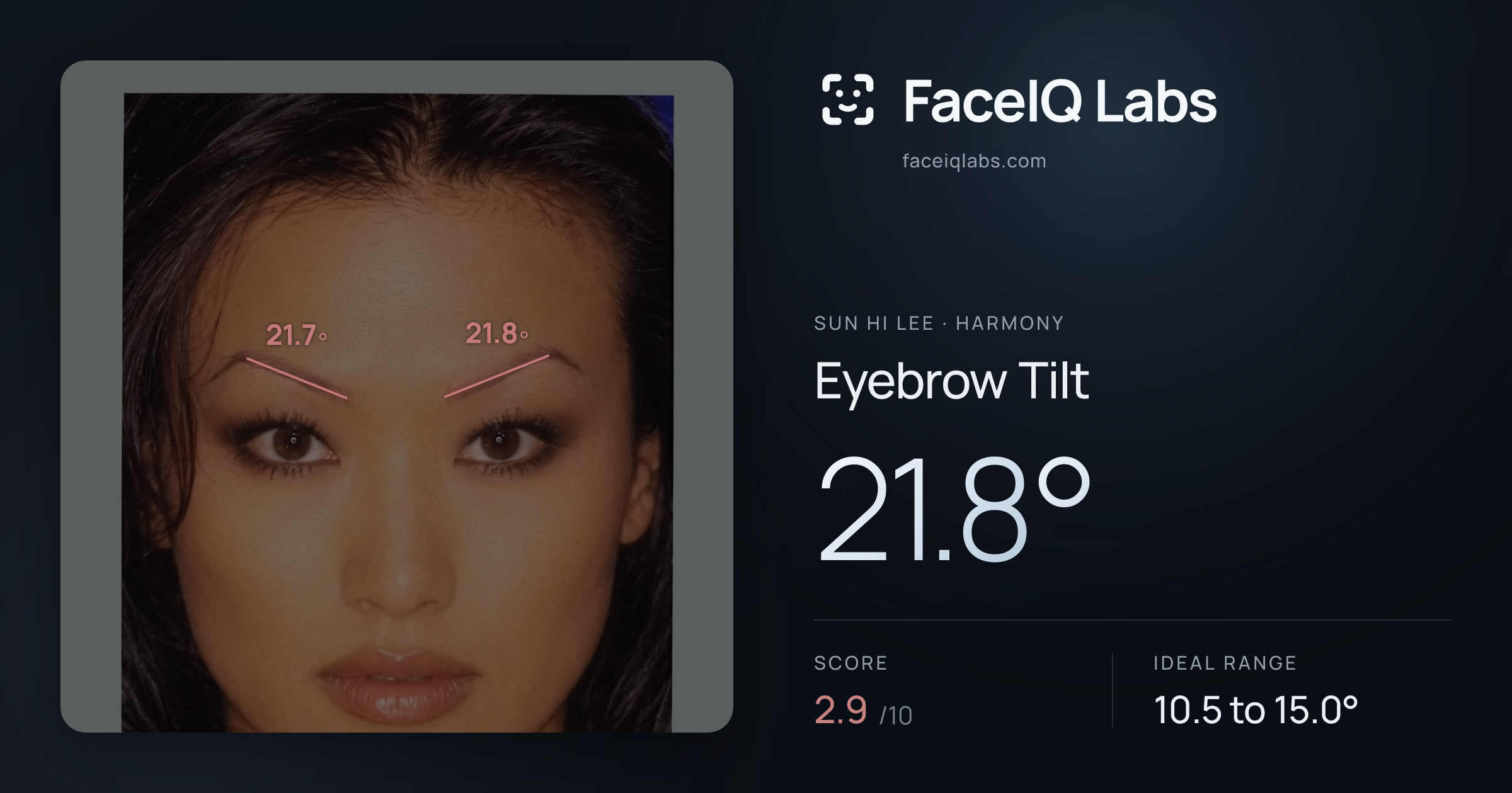 Sun Hi Lee Eyebrow Tilt: 21.8°, drawn on the photo