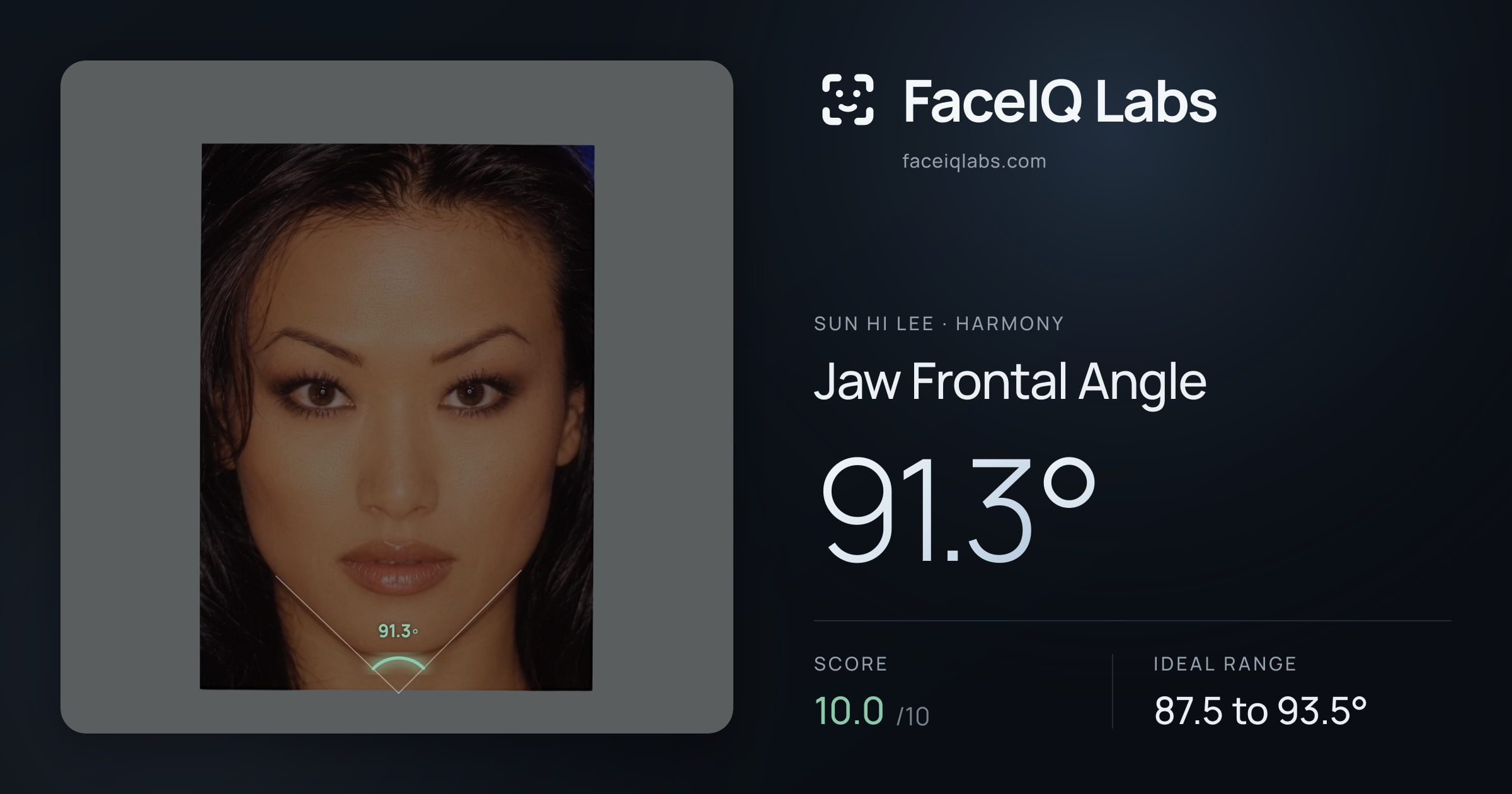 Sun Hi Lee Jaw Frontal Angle: 91.3°, drawn on the photo