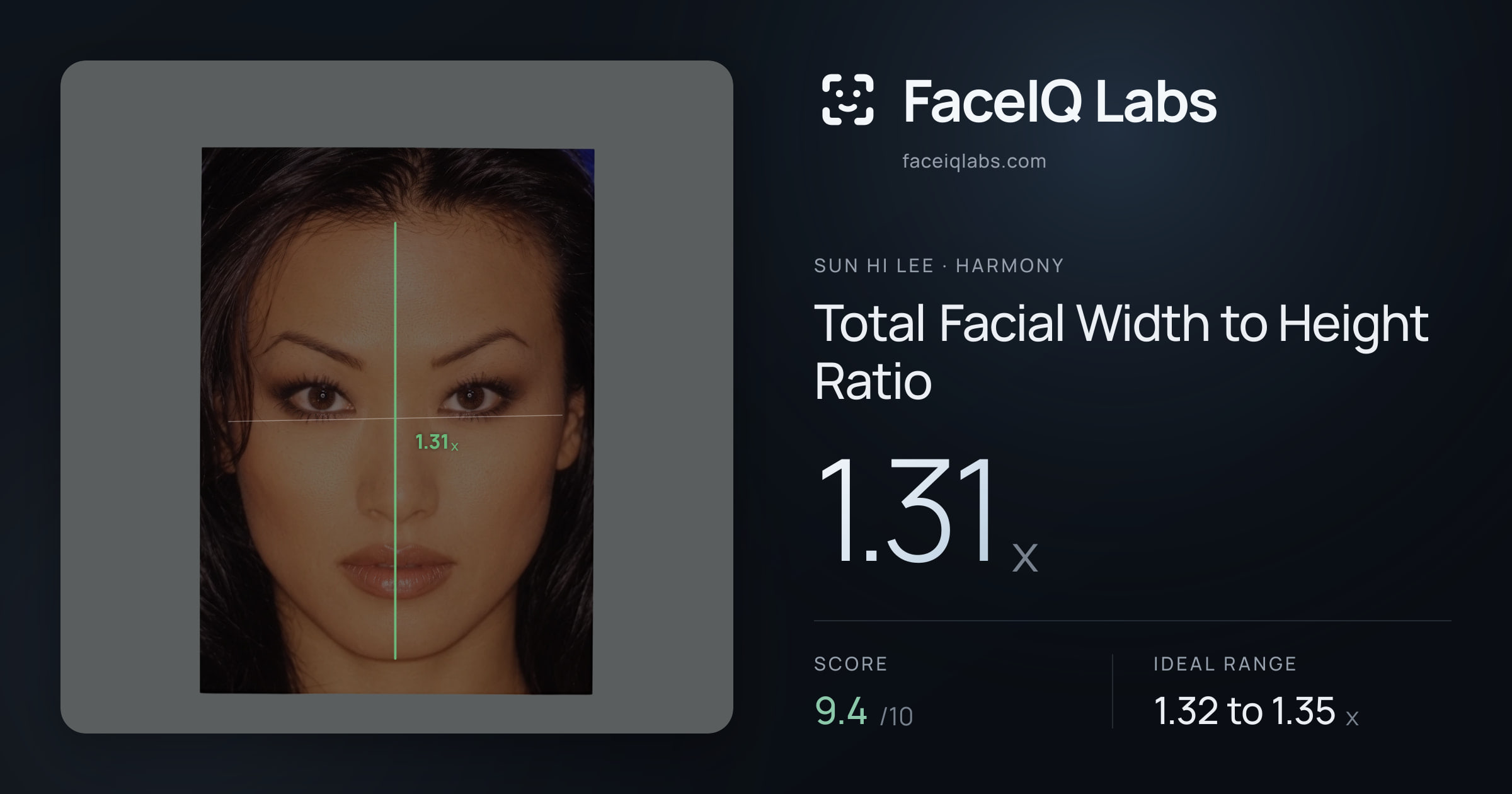 Sun Hi Lee Total Facial Width to Height Ratio: 1.31x, drawn on the photo