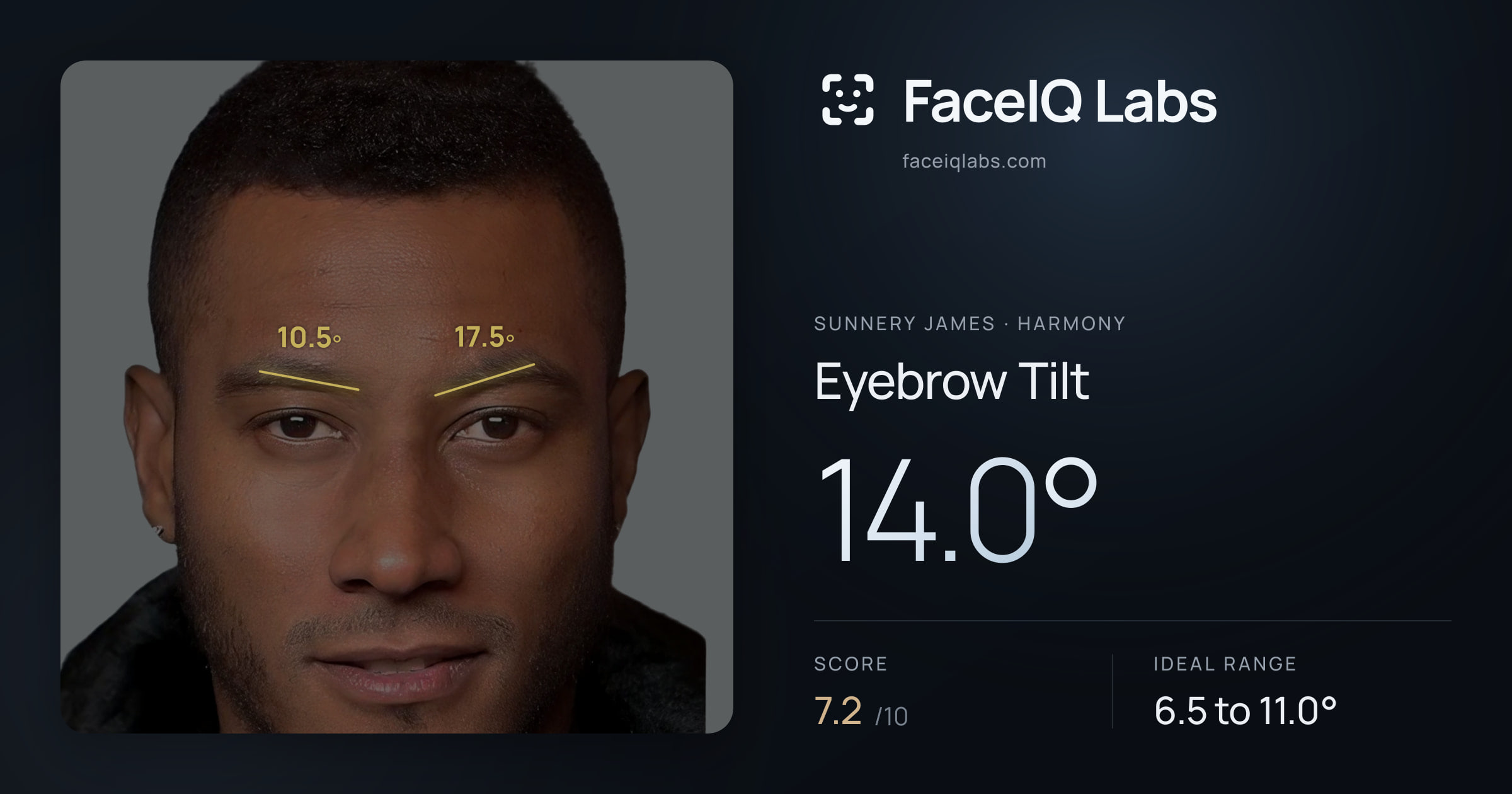 Sunnery James Eyebrow Tilt: 14.0°, drawn on the photo