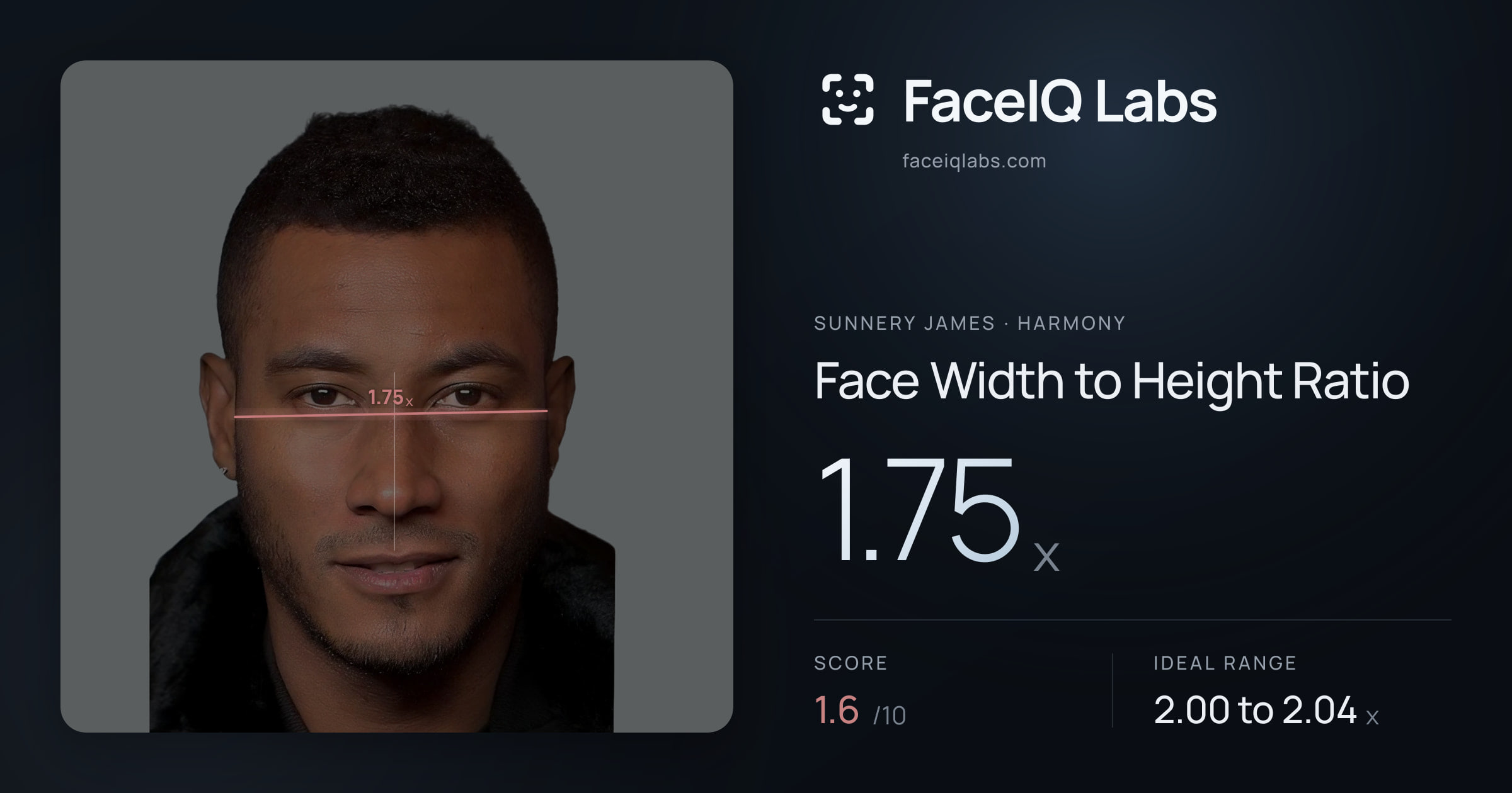 Sunnery James Face Width to Height Ratio: 1.75x, drawn on the photo