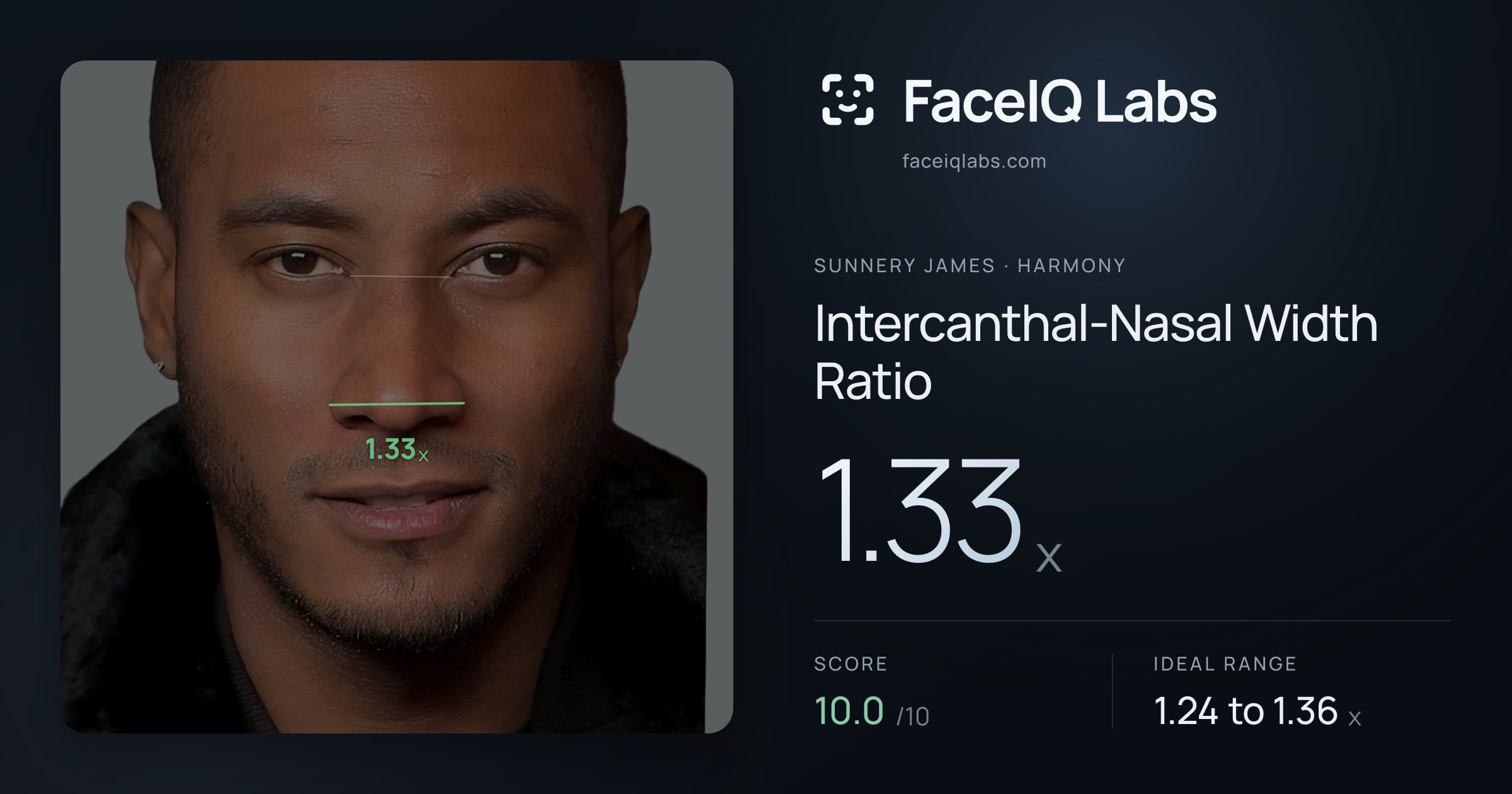 Sunnery James Intercanthal-Nasal Width Ratio: 1.33x, drawn on the photo