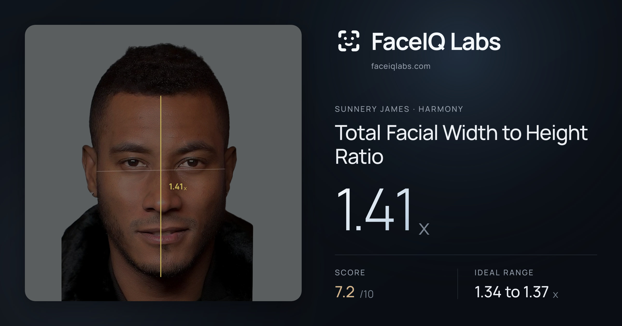 Sunnery James Total Facial Width to Height Ratio: 1.41x, drawn on the photo