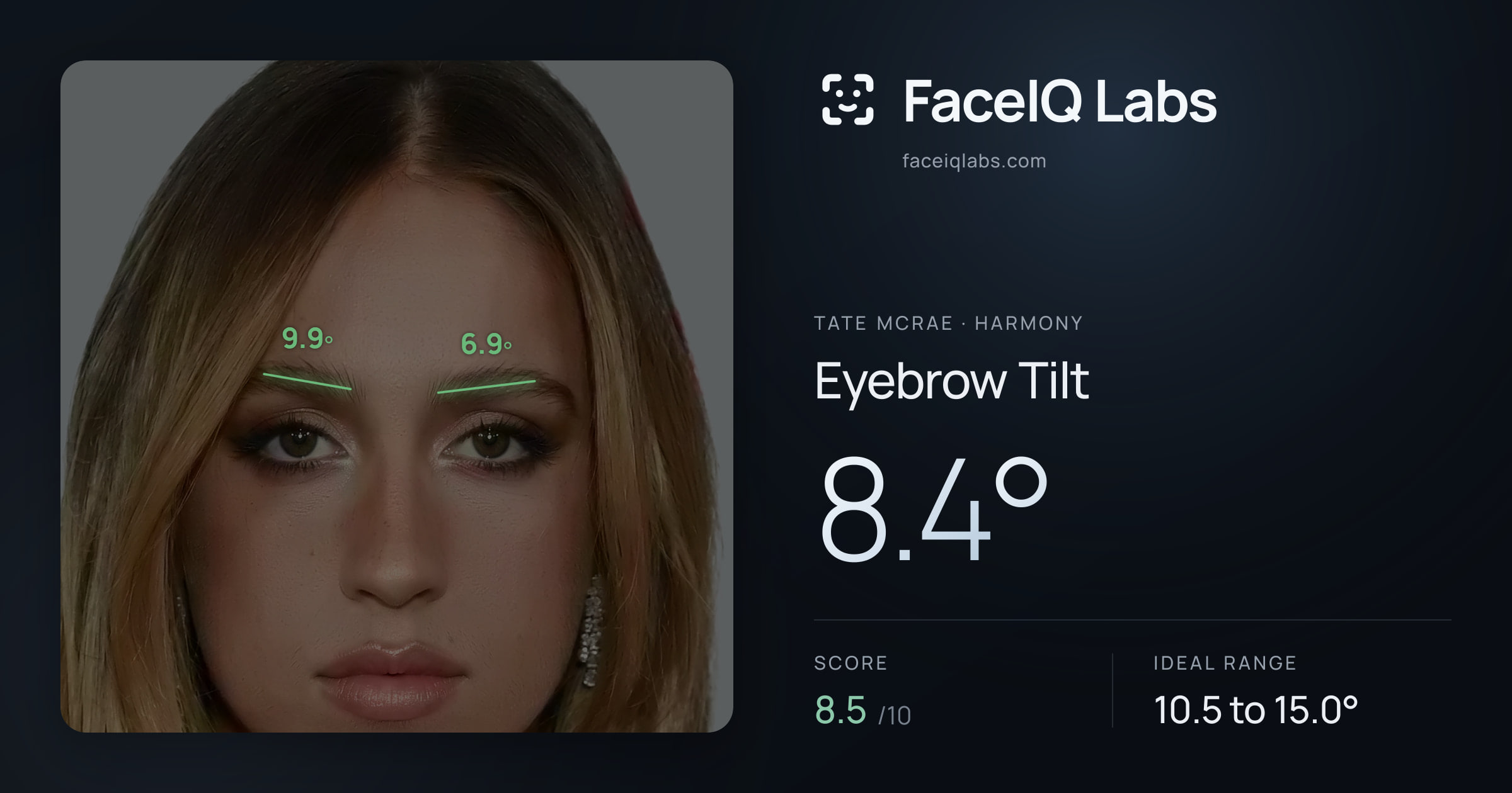 Tate Mcrae Eyebrow Tilt: 8.4°, drawn on the photo