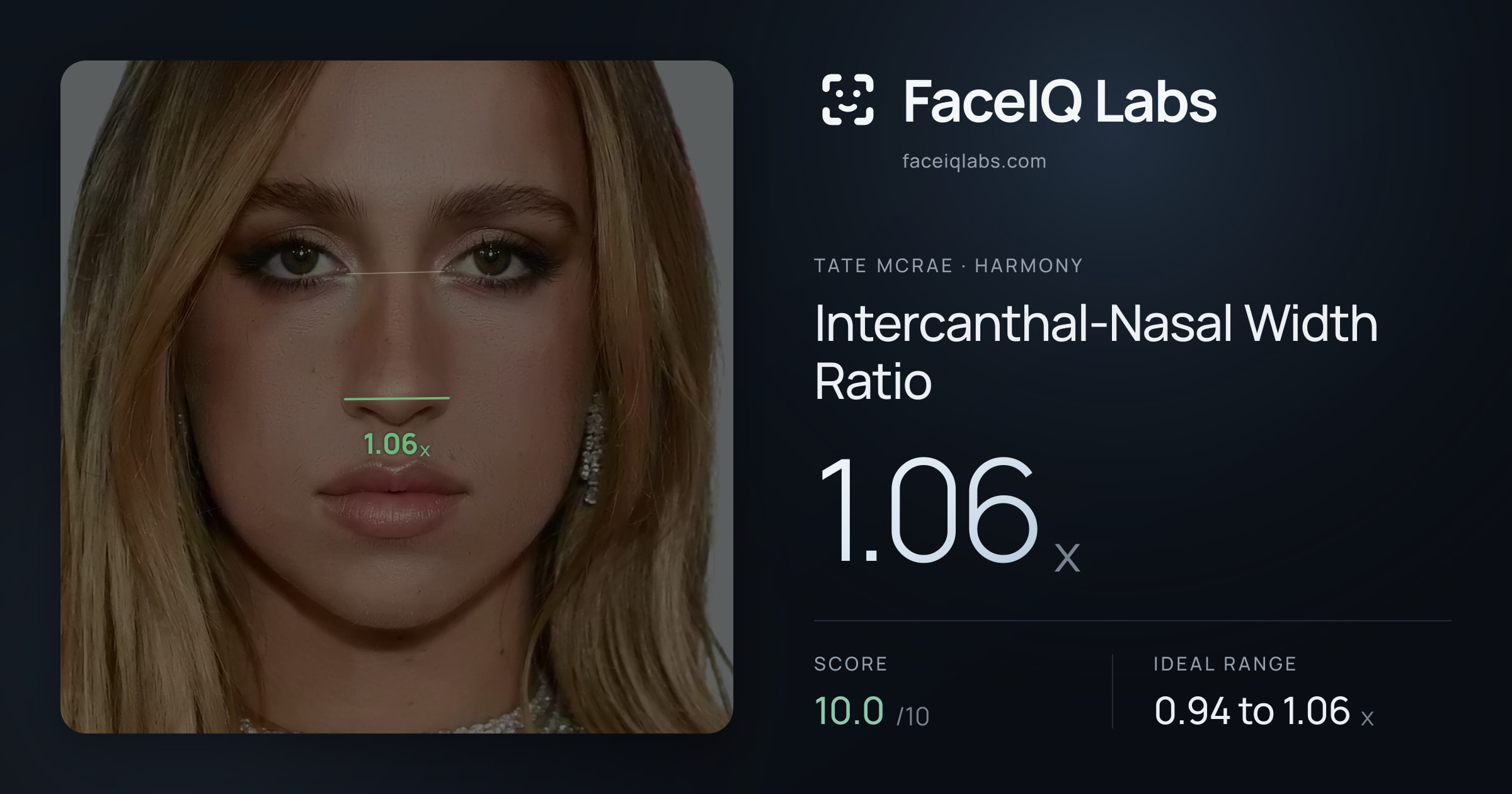 Tate Mcrae Intercanthal-Nasal Width Ratio: 1.06x, drawn on the photo